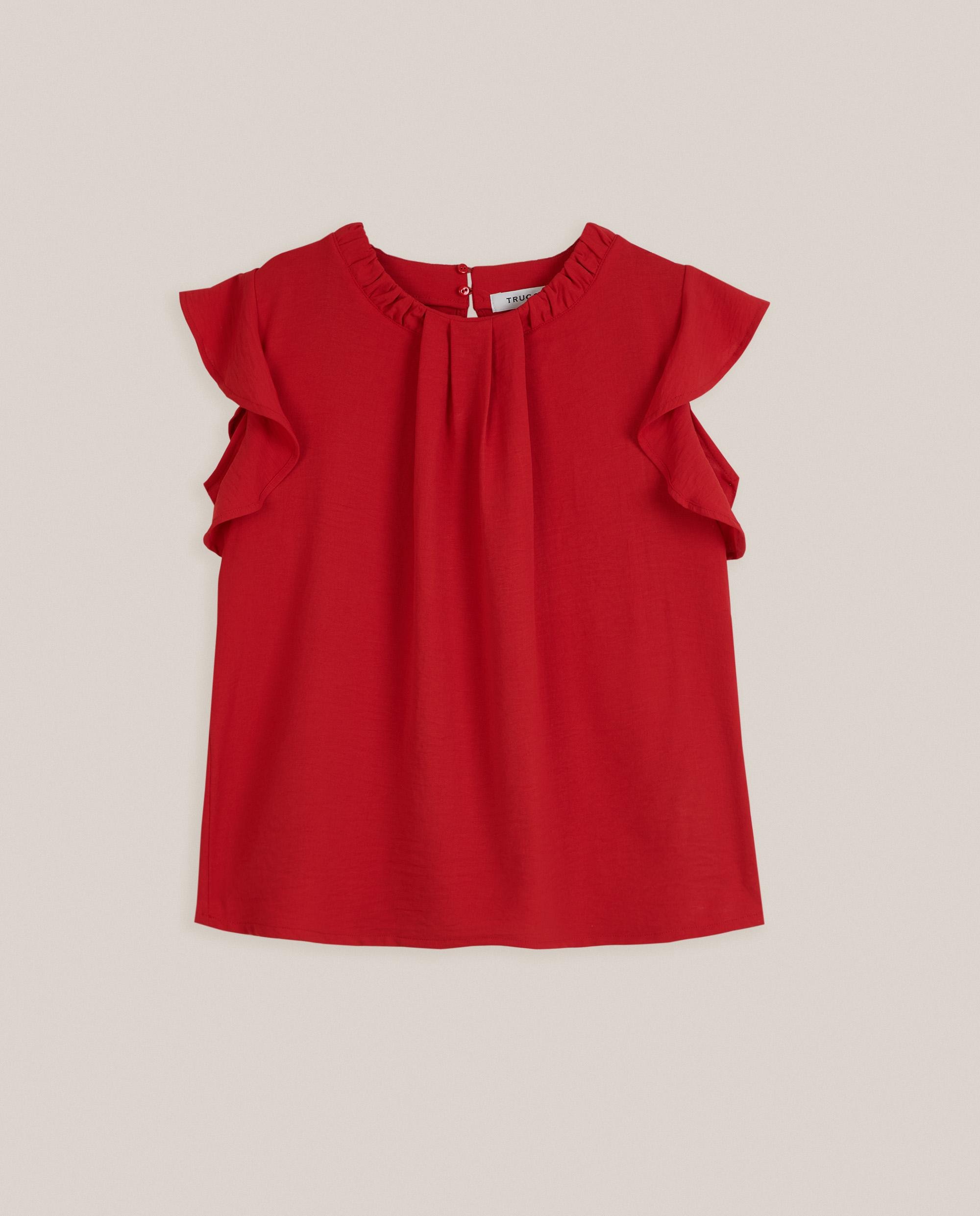 Blusa de mujer con volantes en las mangas y cuello redondo - Trucco - Rojo Rojo-4