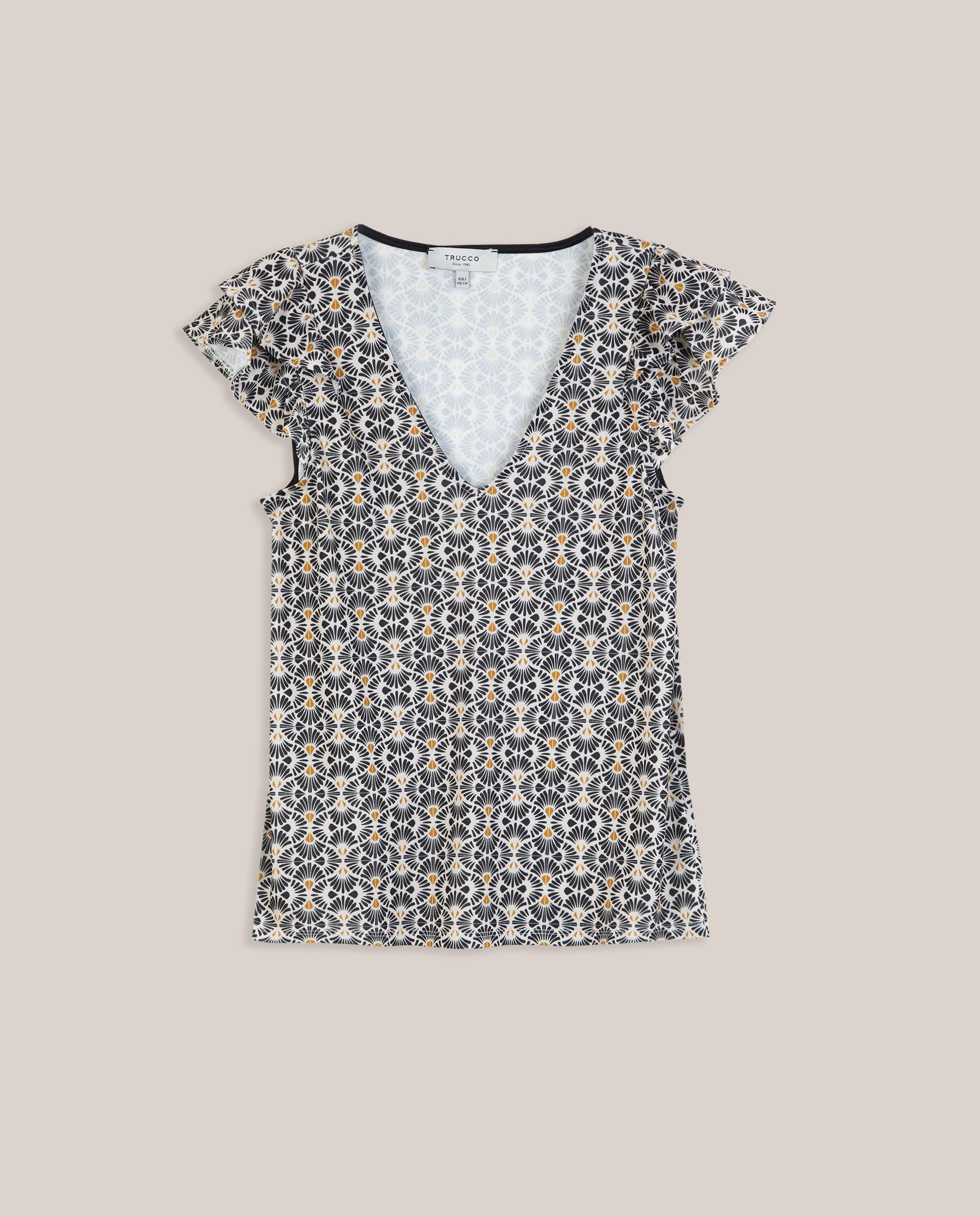 Camiseta de mujer con cuello pico y volantes en las mangas - Trucco - Negro / Blanco Negro / Blanco-4