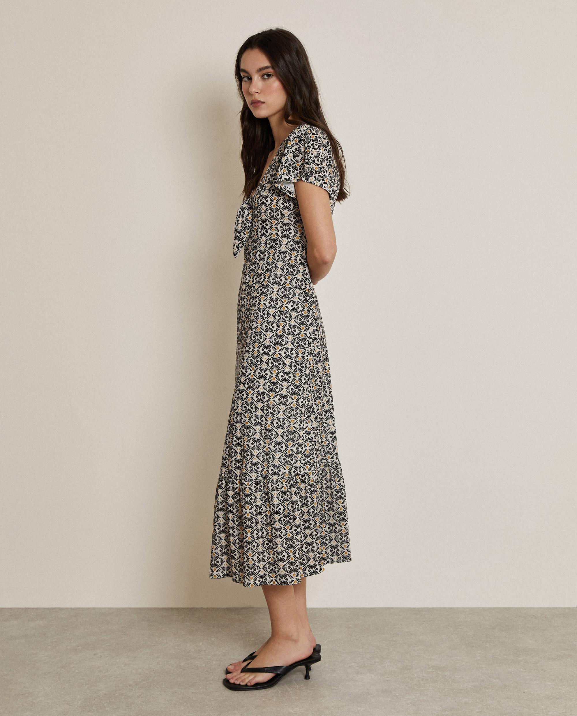 Vestido midi estampado con escote en pico - Trucco - Blanco / Negro Blanco / Negro-2