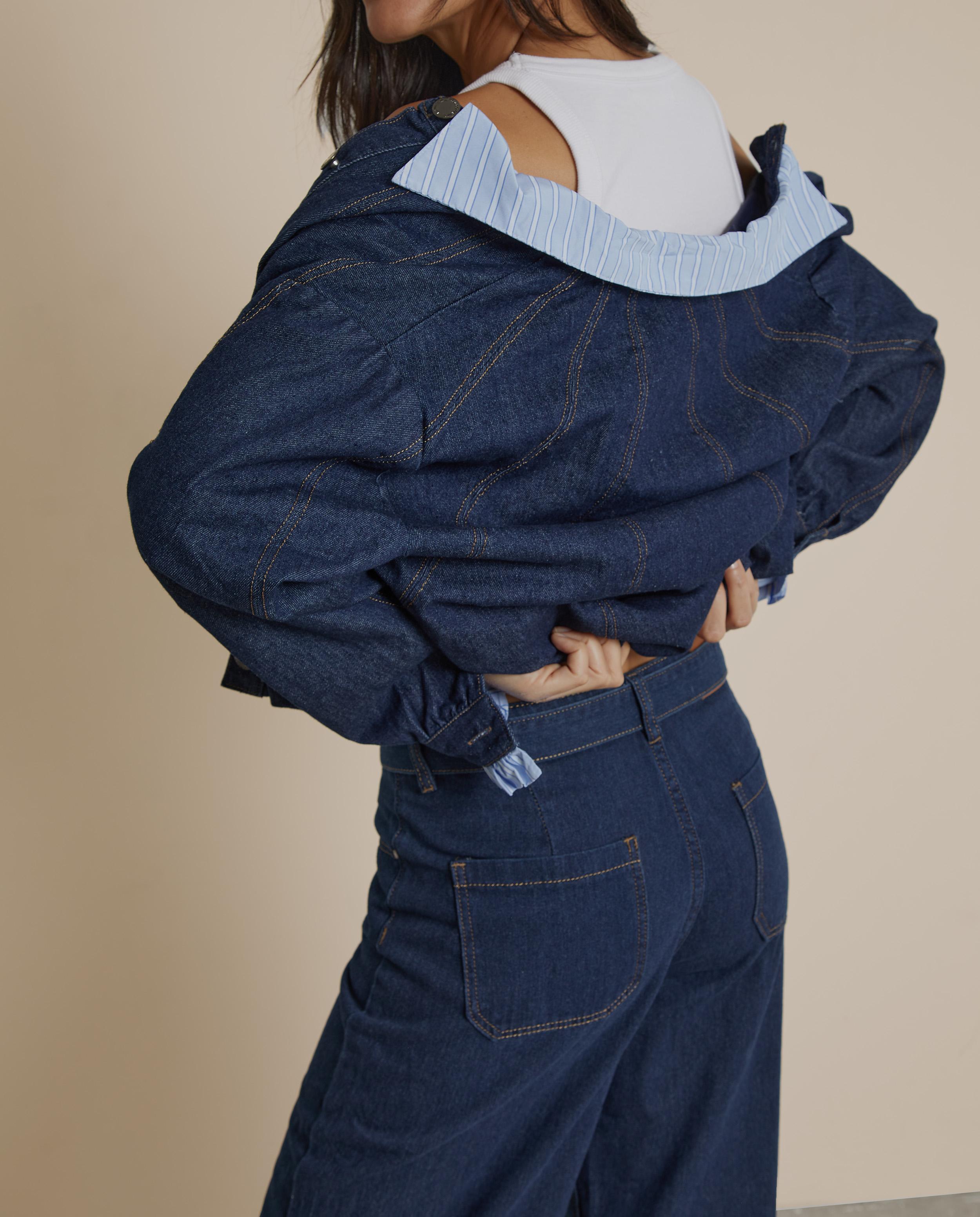 Chaqueta vaquera de mujer con cuello y puños en contraste - Trucco - Azul oscuro Azul oscuro-3