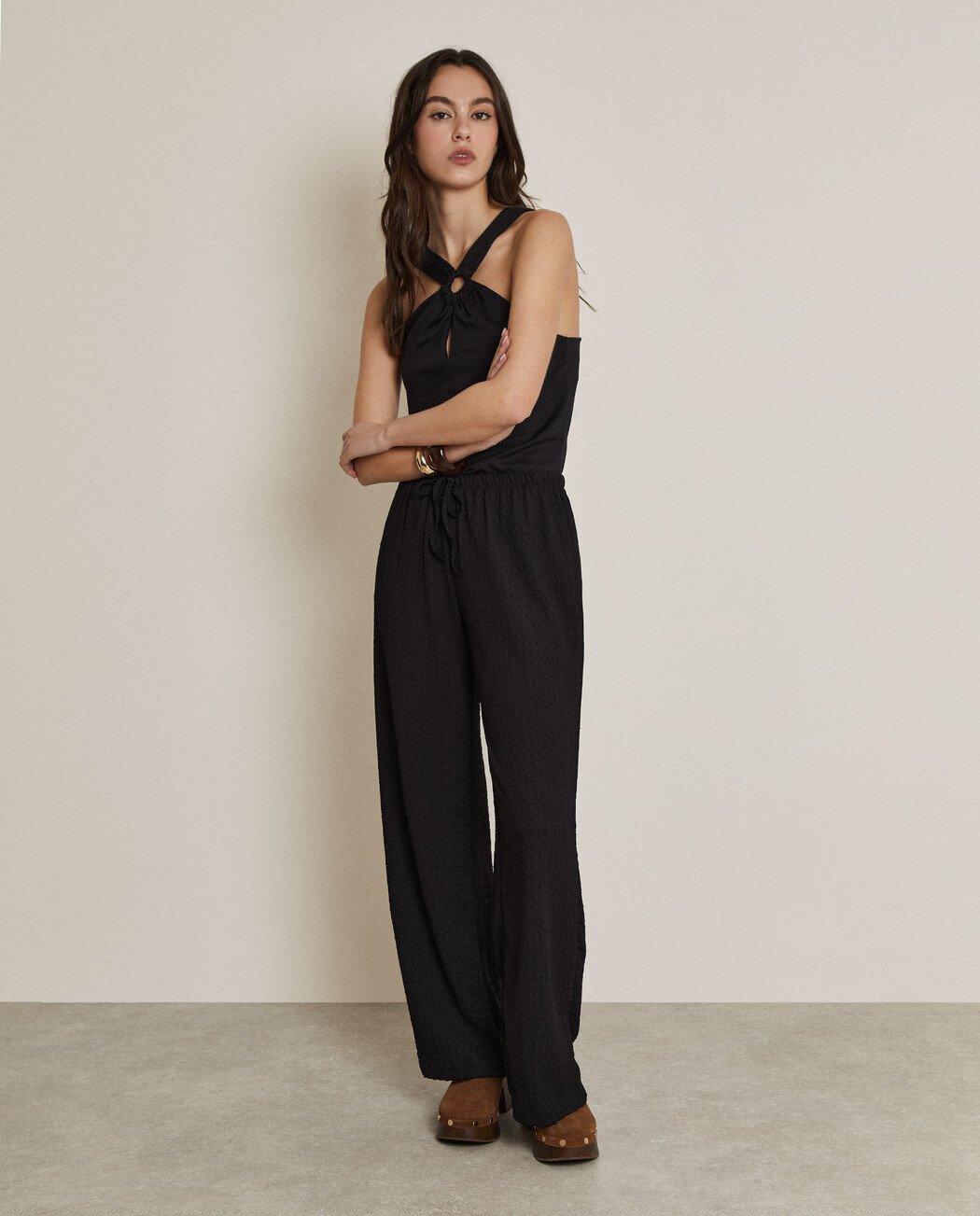 Pantalones anchos de mujer con cintura elástica y cierre de cordón - Trucco - Negro Negro-1