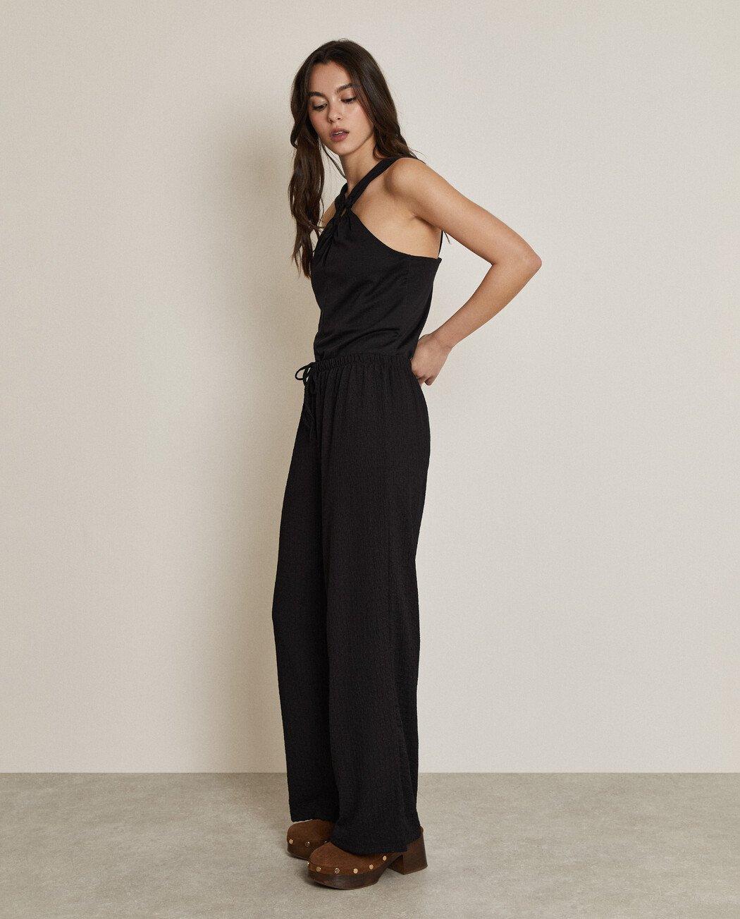Pantalones anchos de mujer con cintura elástica y cierre de cordón - Trucco - Negro Negro-2