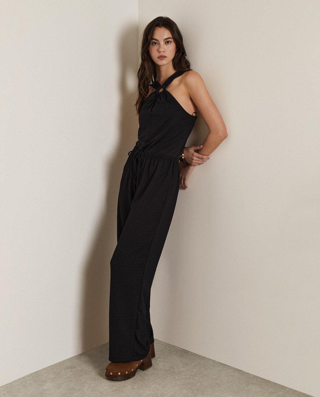 Pantalones anchos de mujer con cintura elástica y cierre de cordón - Trucco - Negro Negro-3