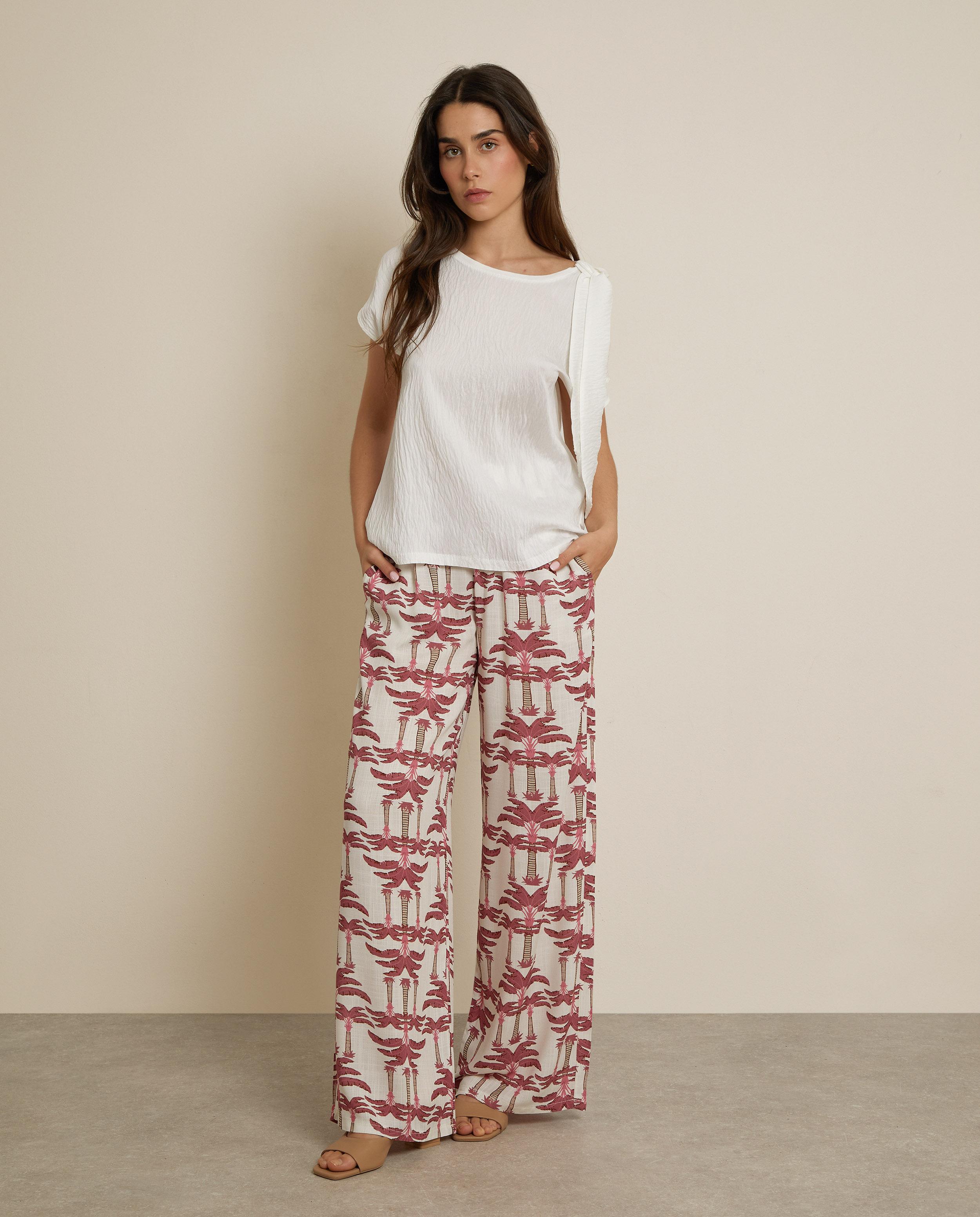 Pantalón ancho de mujer 100% lino estampado - Trucco - Rosa / Blanco Rosa / Blanco-1