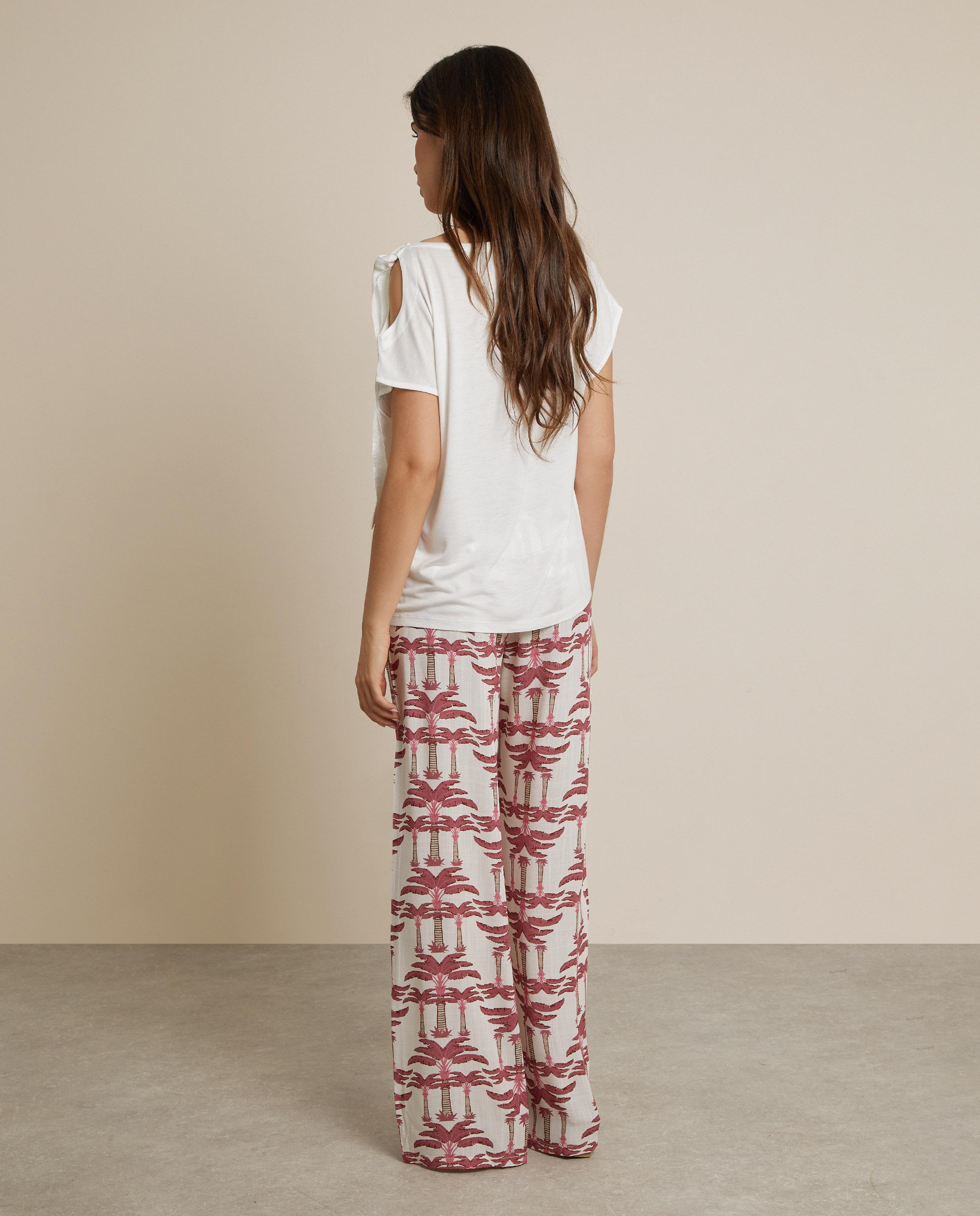 Pantalón ancho de mujer 100% lino estampado - Trucco - Rosa / Blanco Rosa / Blanco-2