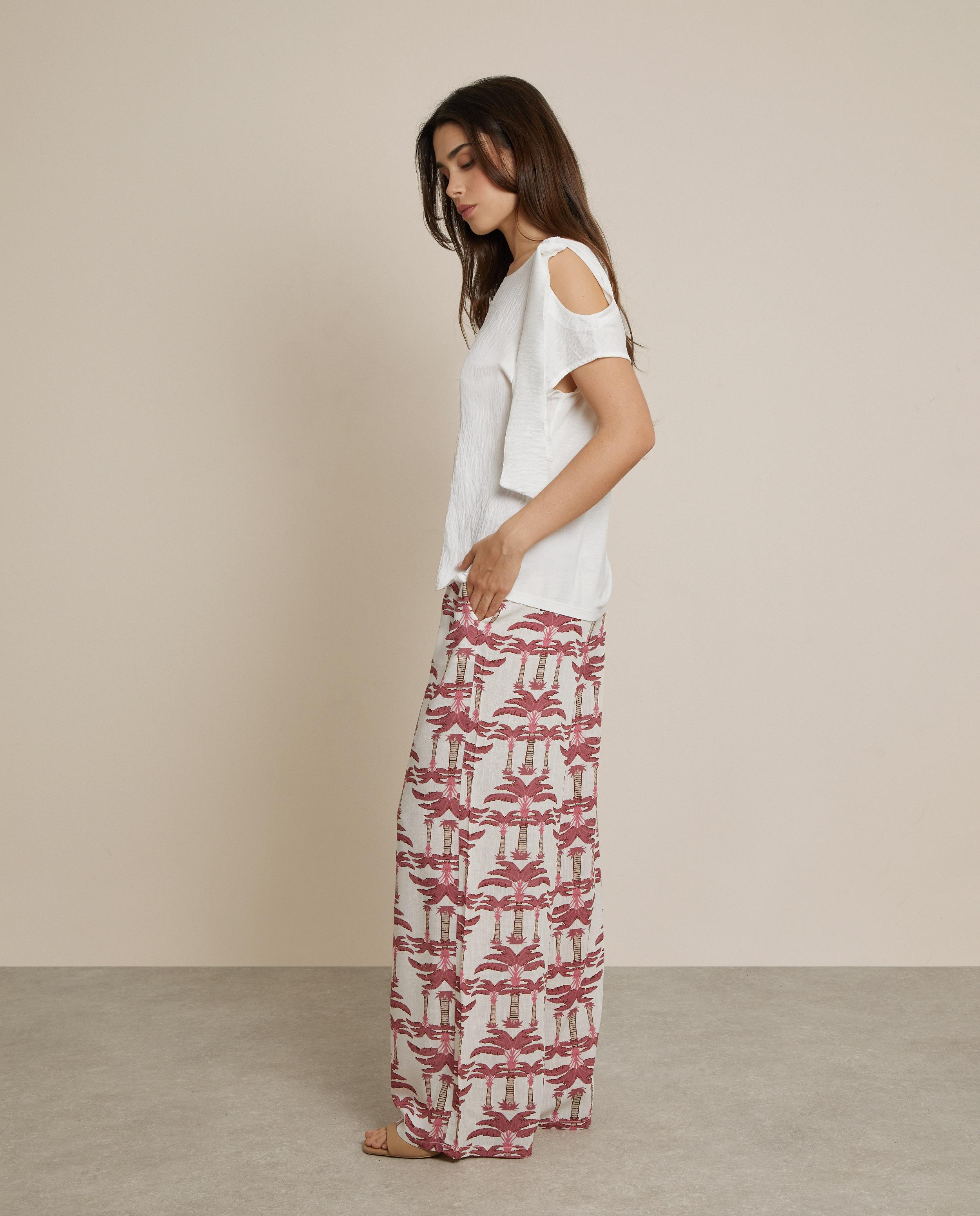 Pantalón ancho de mujer 100% lino estampado - Trucco - Rosa / Blanco Rosa / Blanco-3