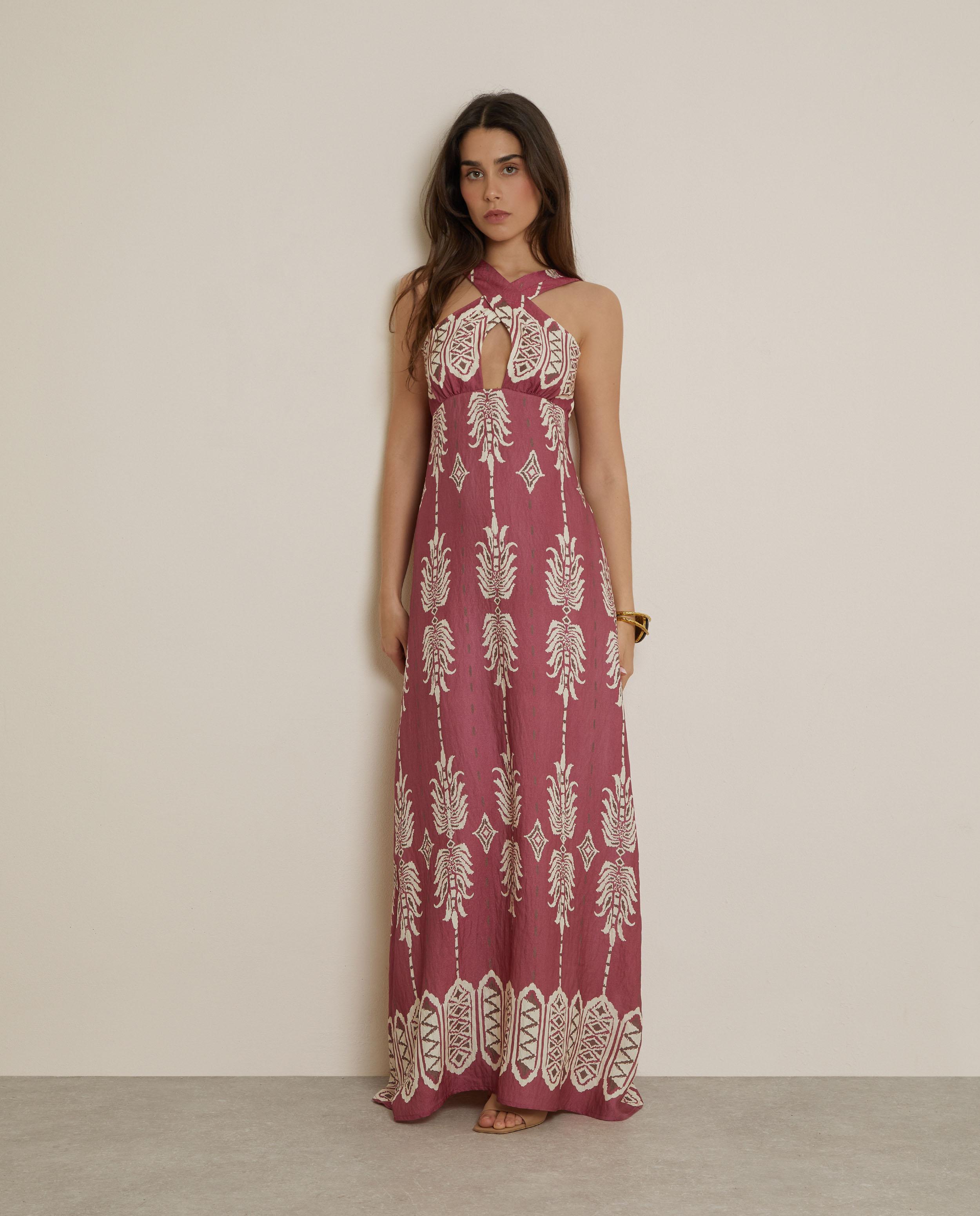 Imagen 1 de Vestido largo con estampado étnico y cuello halter - Trucco - Marsala Marsala