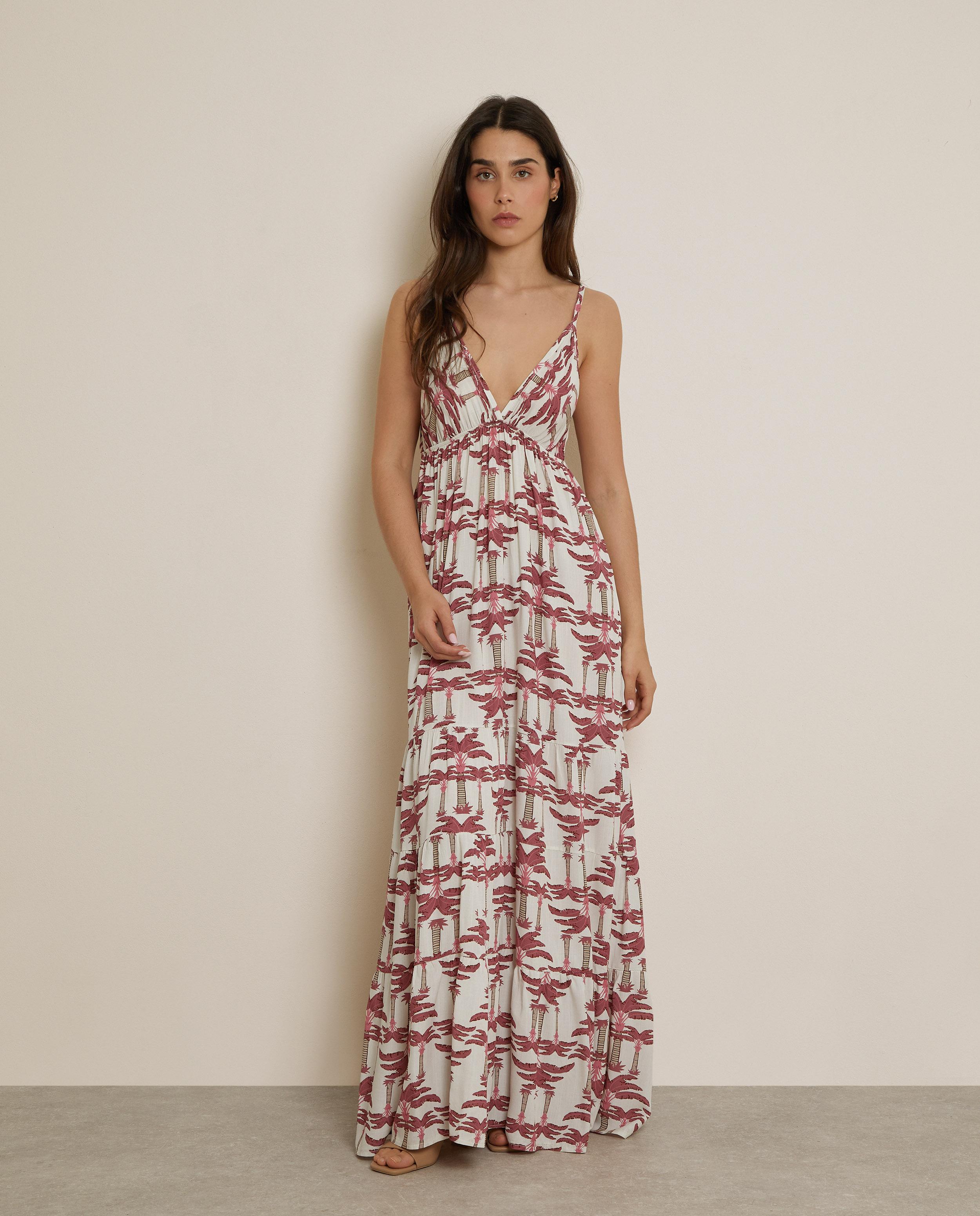 Vestido largo 100% lino estampado - Trucco - Rosa / Blanco Rosa / Blanco-1