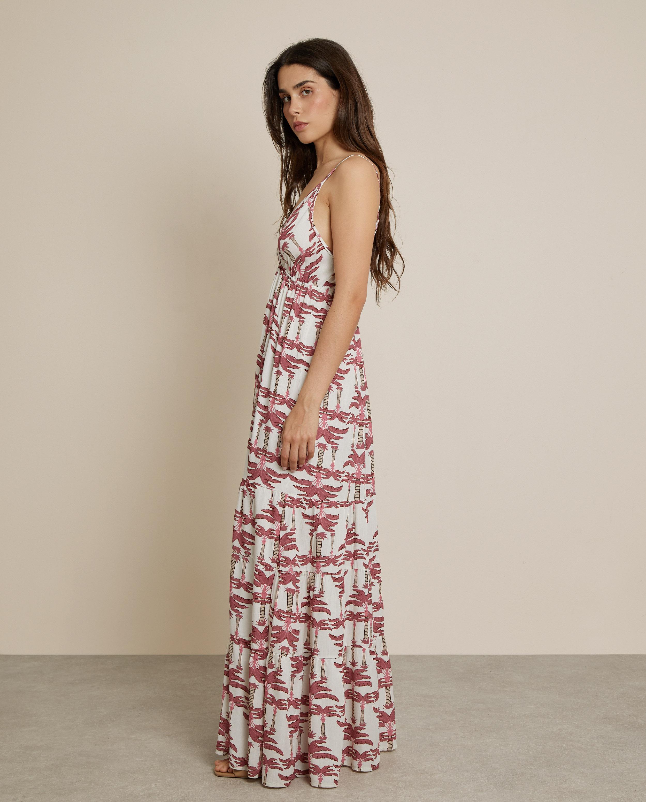 Vestido largo 100% lino estampado - Trucco - Rosa / Blanco Rosa / Blanco-2