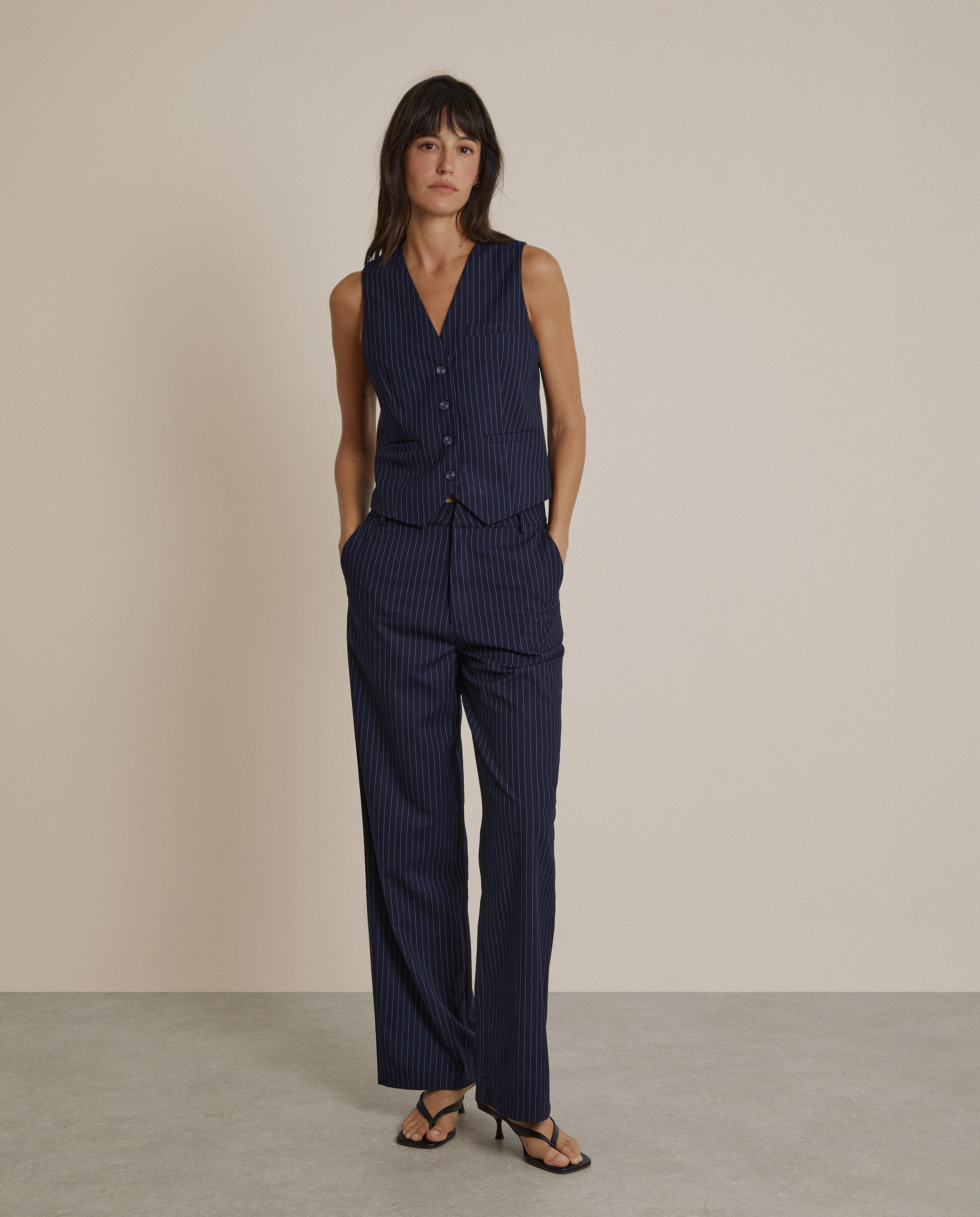 Pantalón de traje de mujer de corte recto con raya diplomática - Trucco - Azul marino Azul marino-1