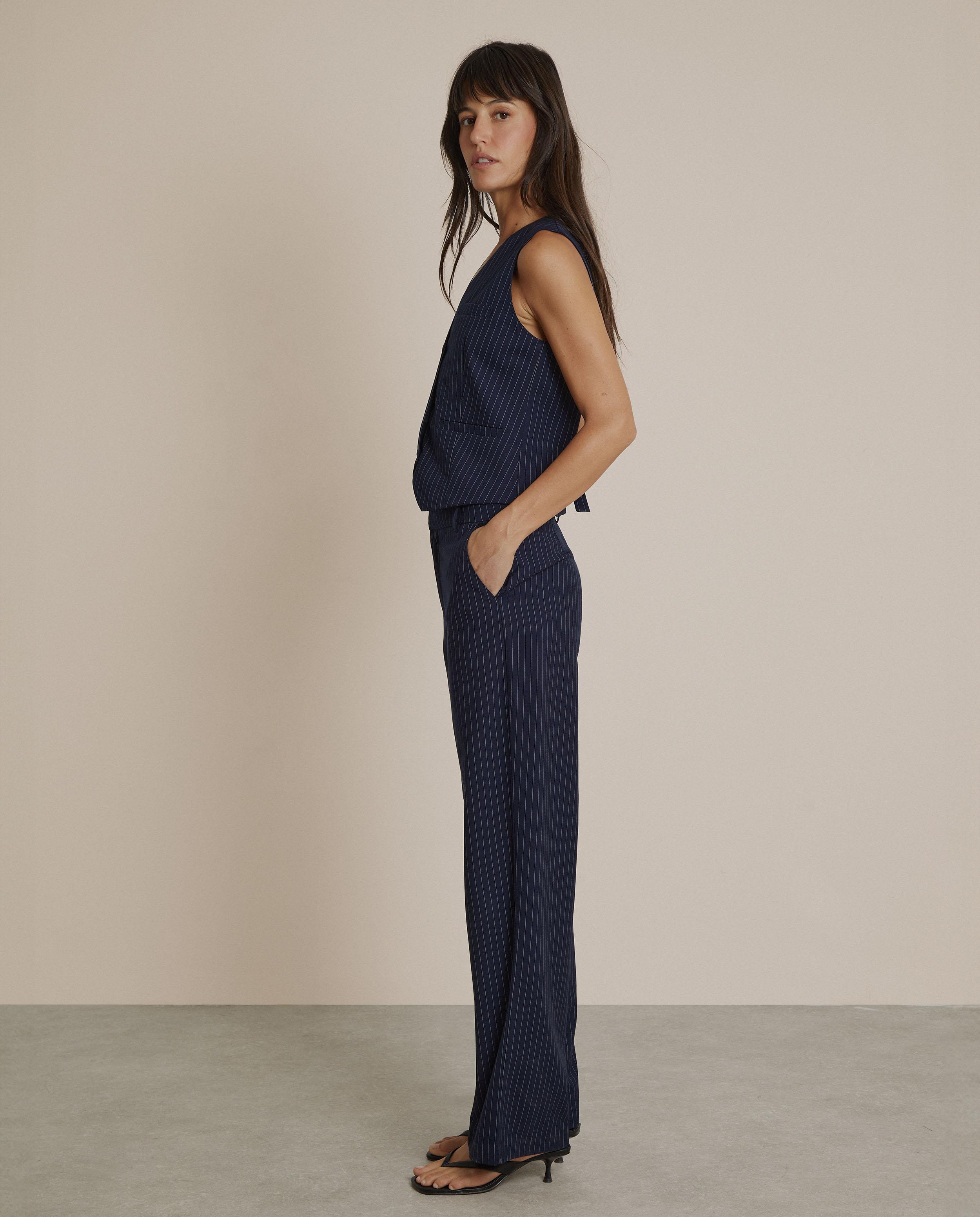 Pantalón de traje de mujer de corte recto con raya diplomática - Trucco - Azul marino Azul marino-2