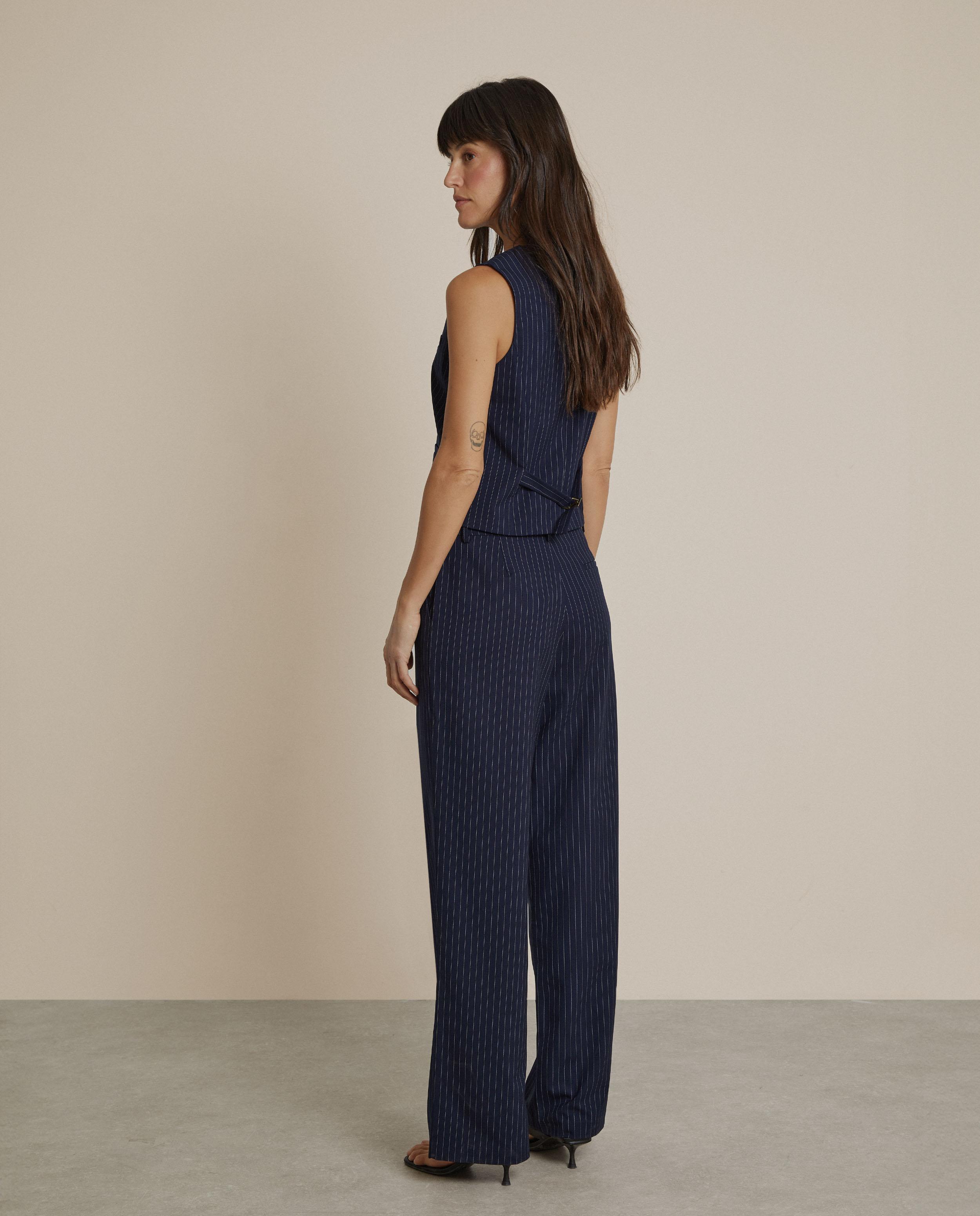 Pantalón de traje de mujer de corte recto con raya diplomática - Trucco - Azul marino Azul marino-3