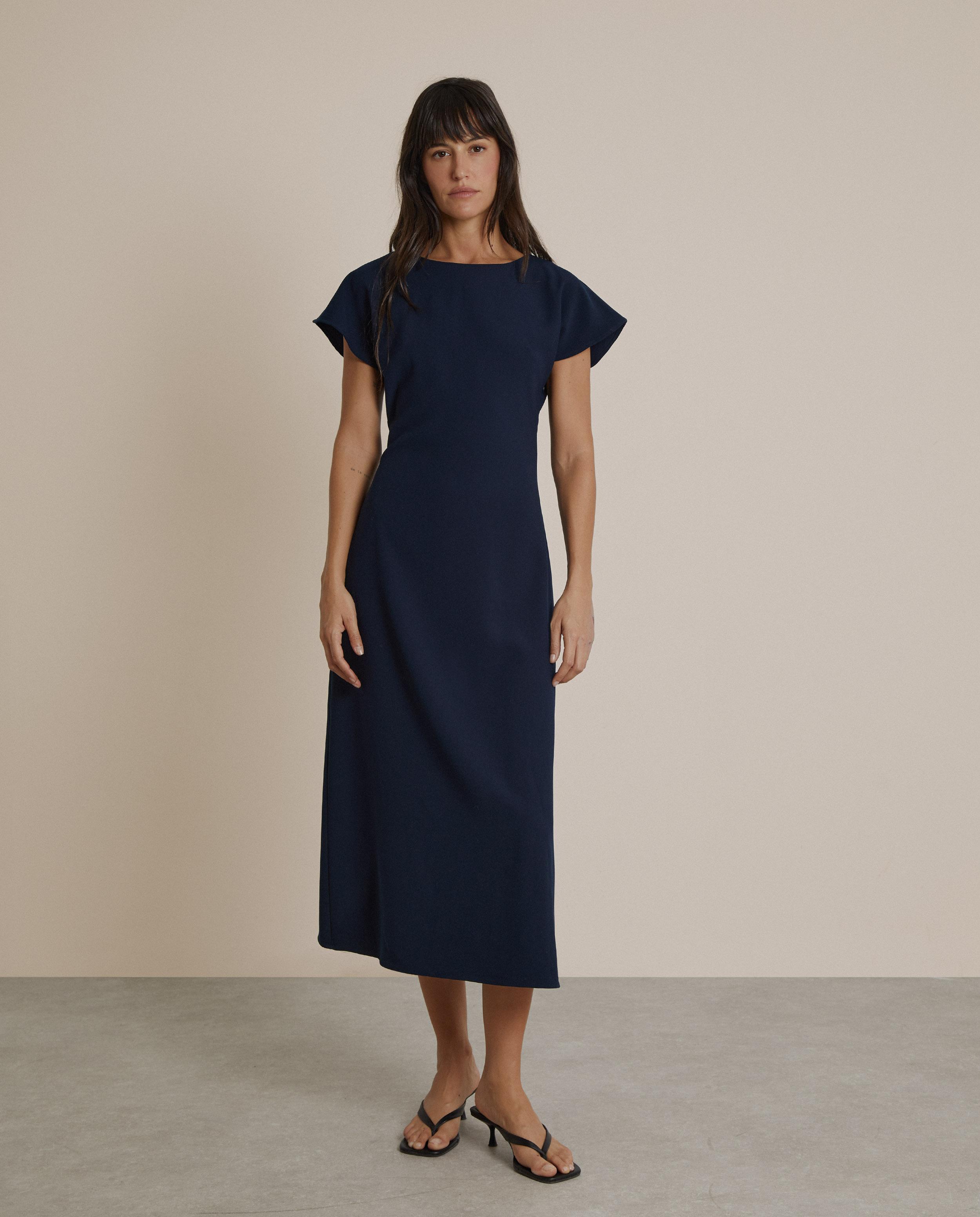 Imagen 0 de Vestido midi con cuello redondeado y manga corta Azul marino