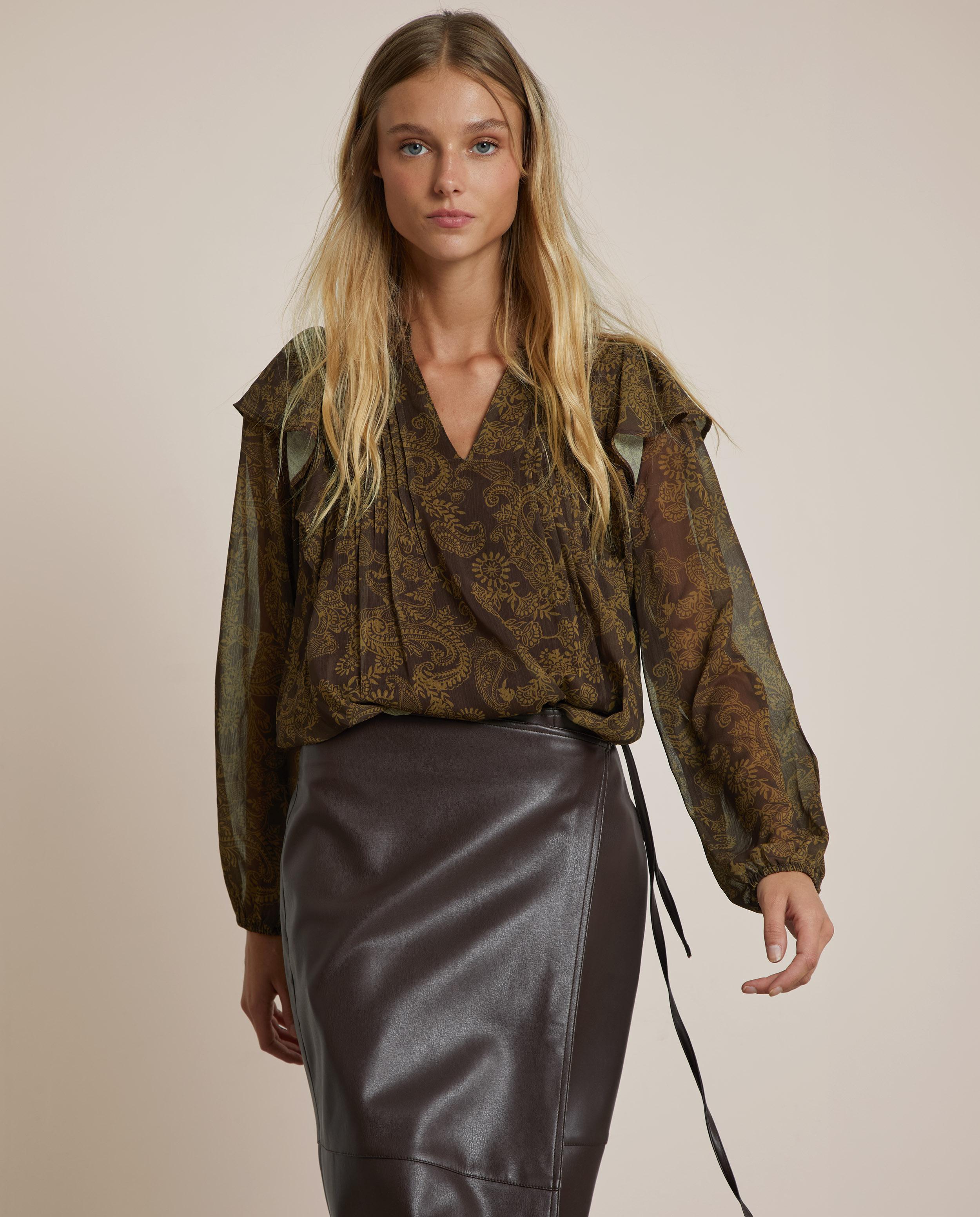 Imagen 0 de Blusa de mujer estampada con mangas abullonadas Verde-Marrón