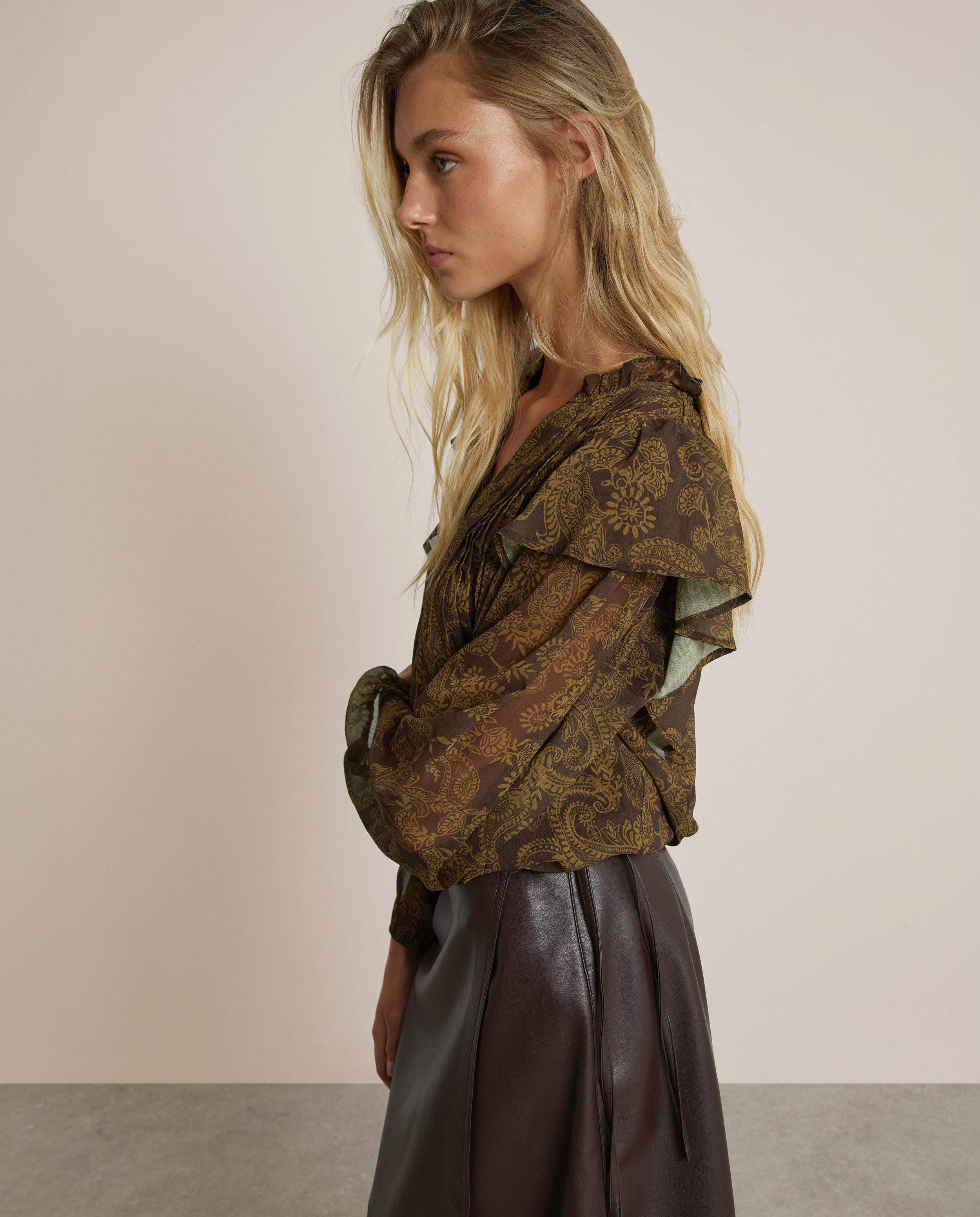 Blusa de mujer estampada con mangas abullonadas - Trucco - Verde-Marrón Verde-Marrón-2
