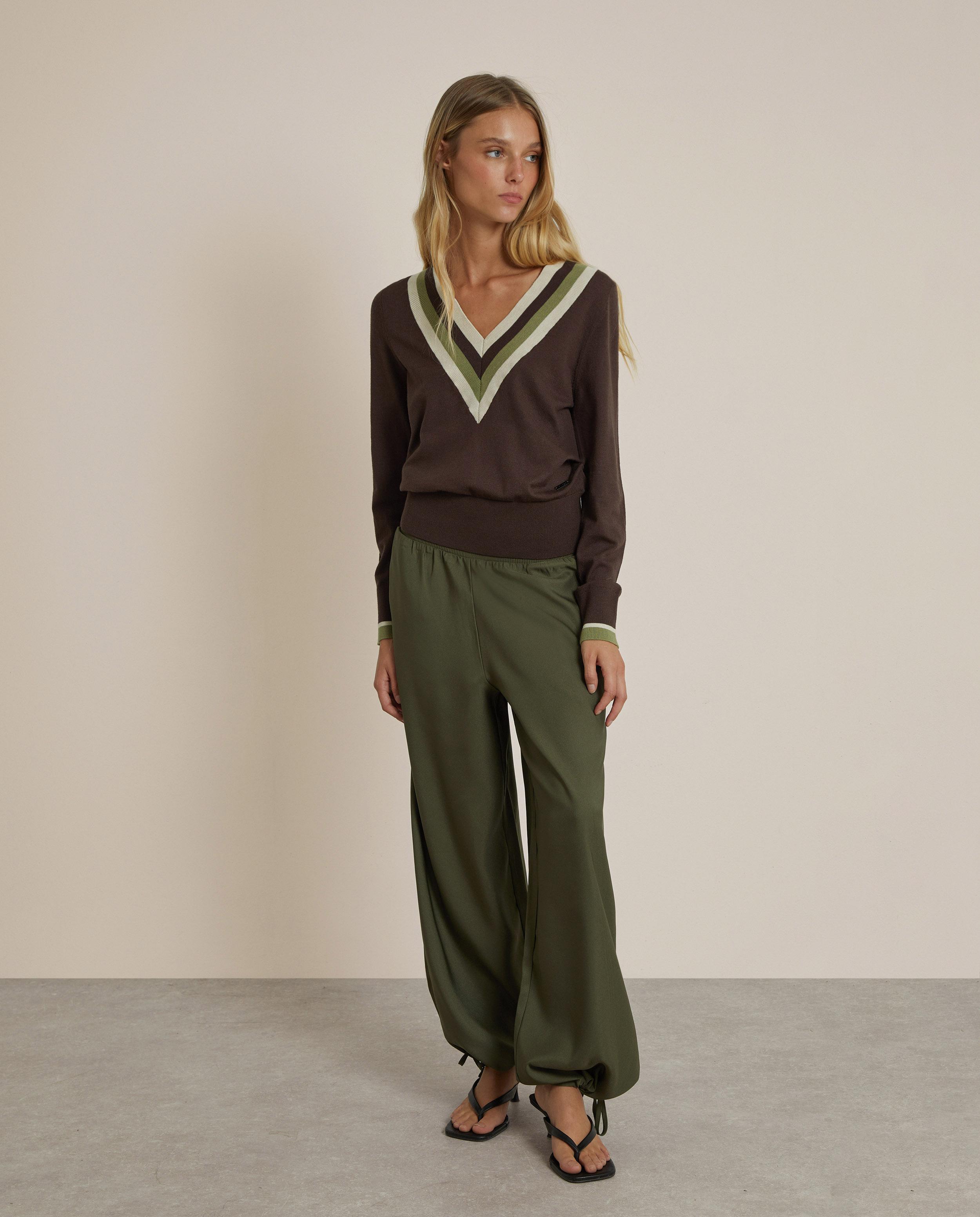 Pantalón ancho de mujer estilo bombacho satinado - Trucco - Verde cadete Verde cadete-3