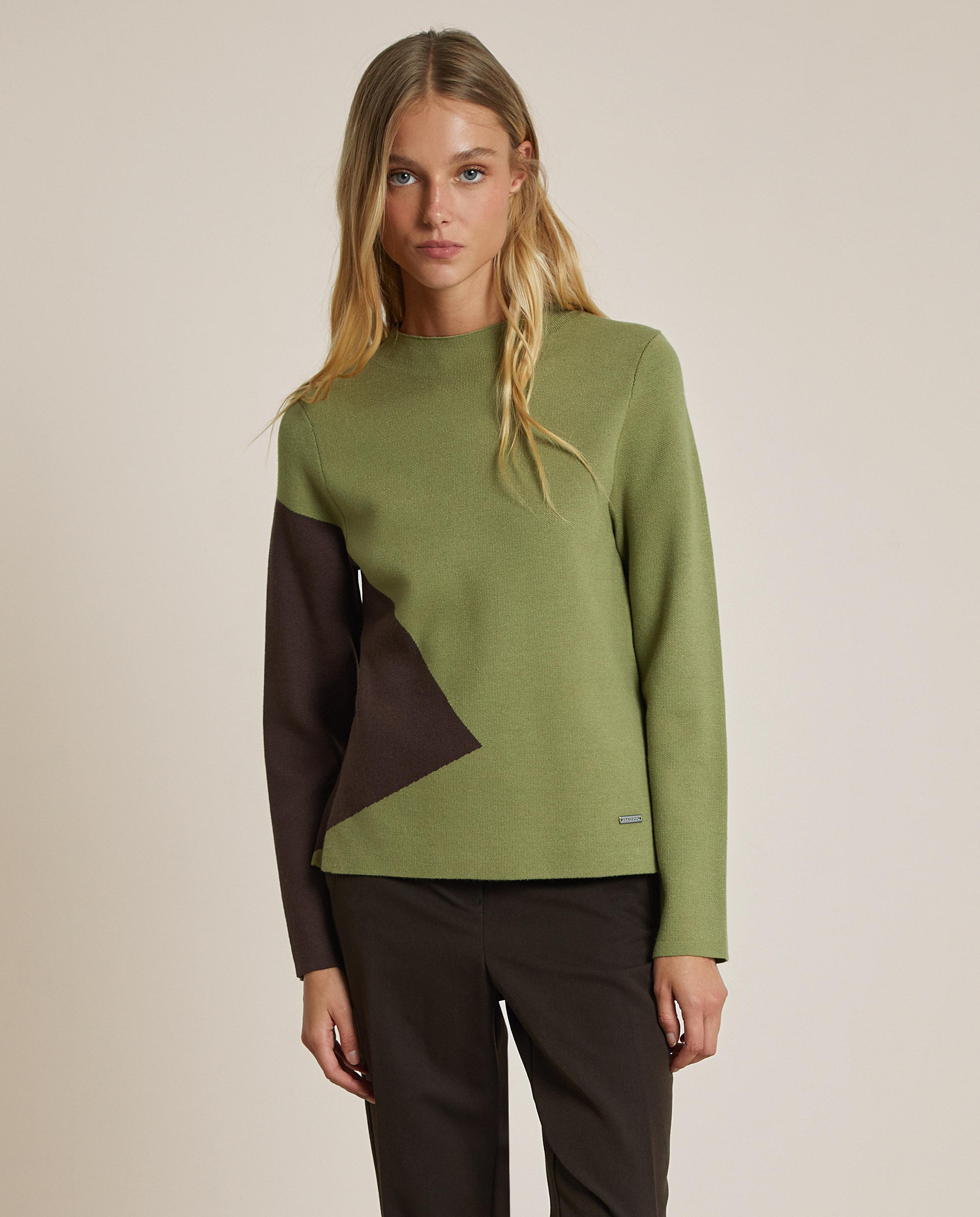 Jersey de mujer de punto con cuello perkins - Trucco - Verde-Marrón Verde-Marrón-1