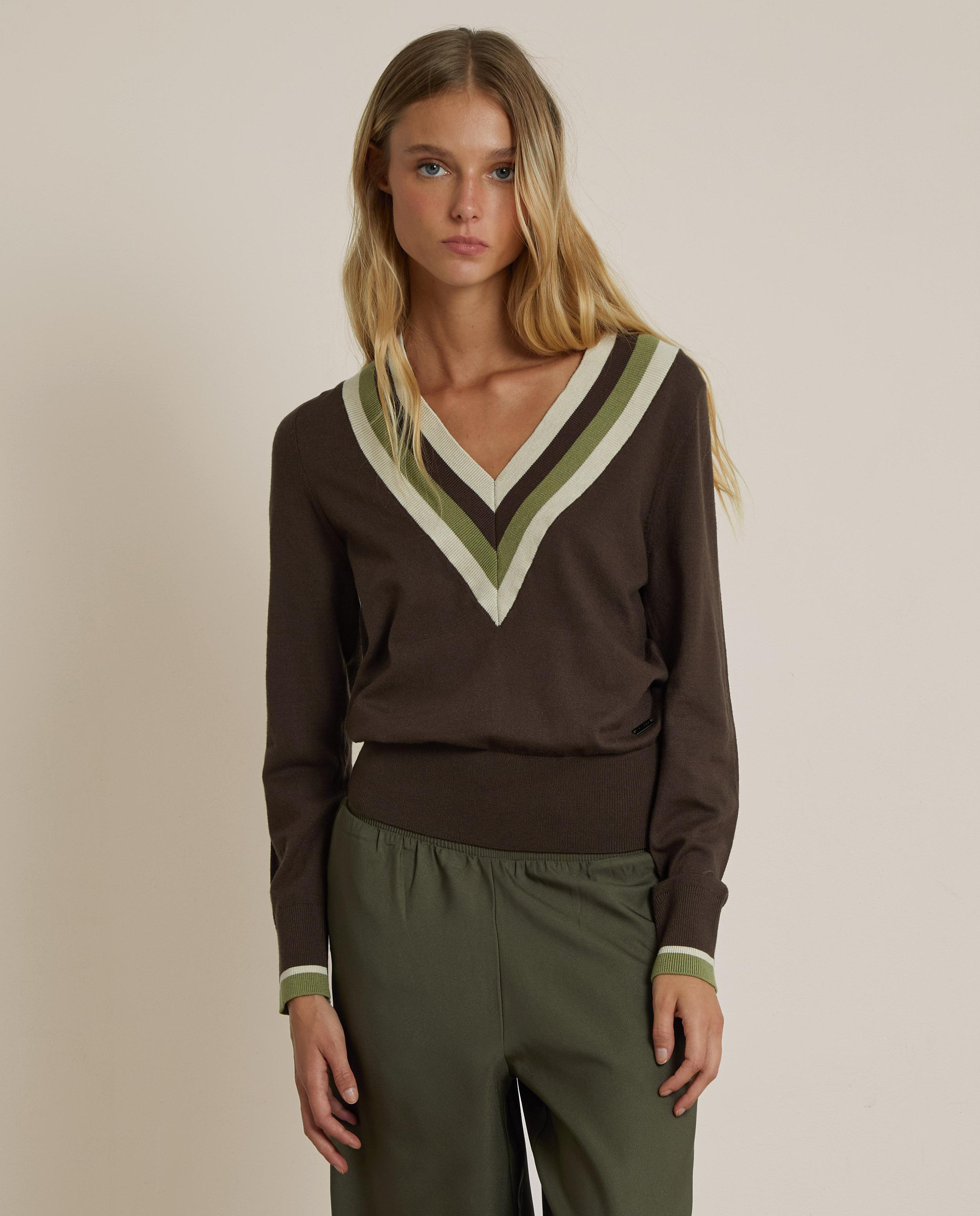 Jersey de mujer de punto con cuello en contraste - Trucco - Marrón chocolate Marrón chocolate-1