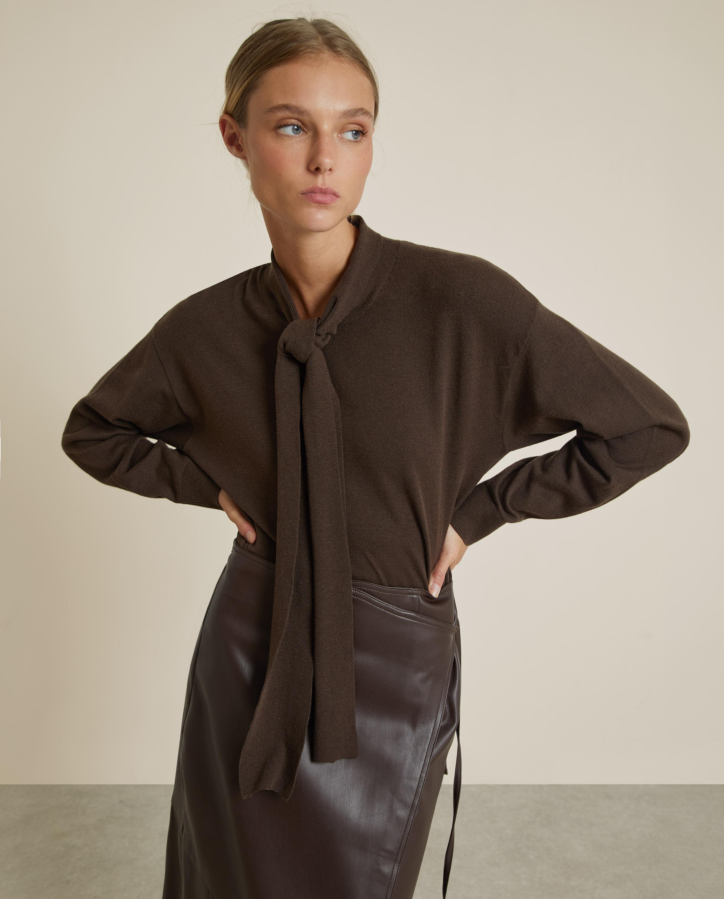 Jersey de mujer de punto con lazada en el cuello - Trucco - Marrón chocolate Marrón chocolate-1