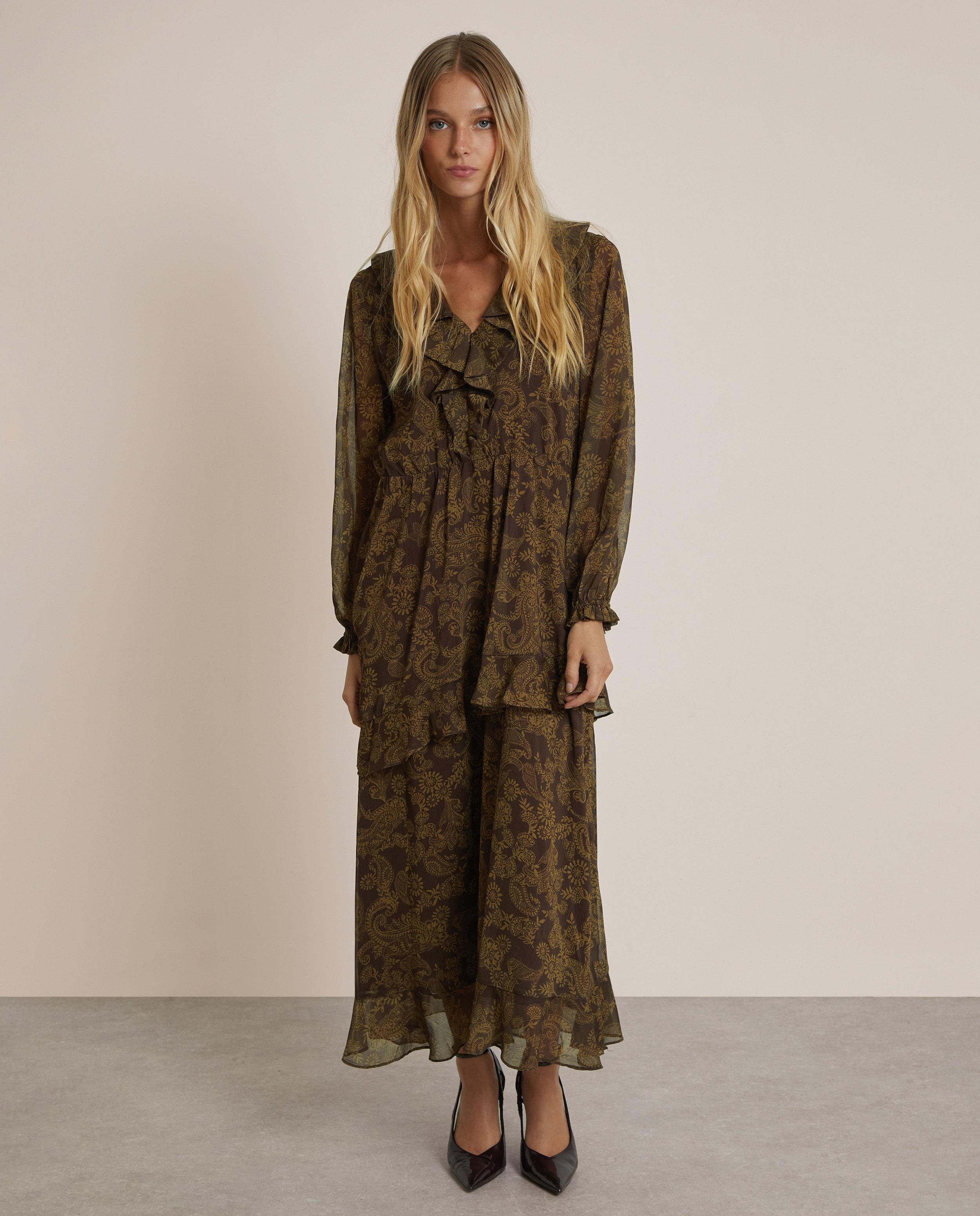 Imagen 0 de Vestido largo estampado con volantes Verde-Marrón