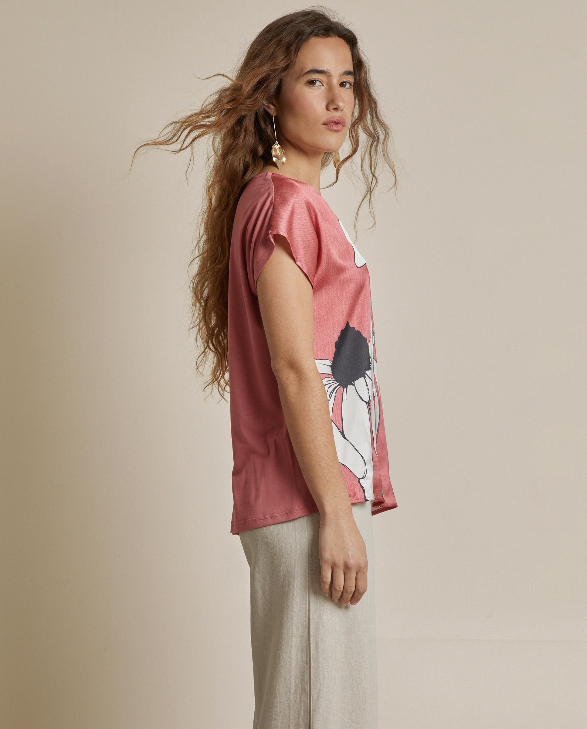 Camiseta de mujer satinada con estampado floral - Trucco - Salmón Salmón-3