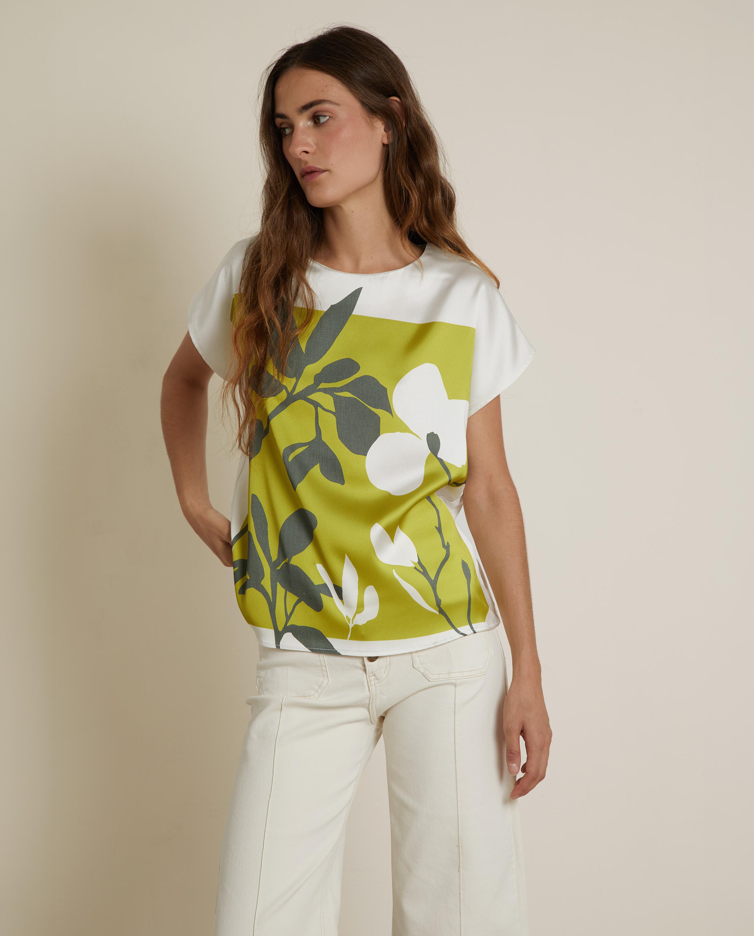 Camiseta de mujer satina con estampado floral - Trucco - Blanco / Pistacho Blanco / Pistacho-1