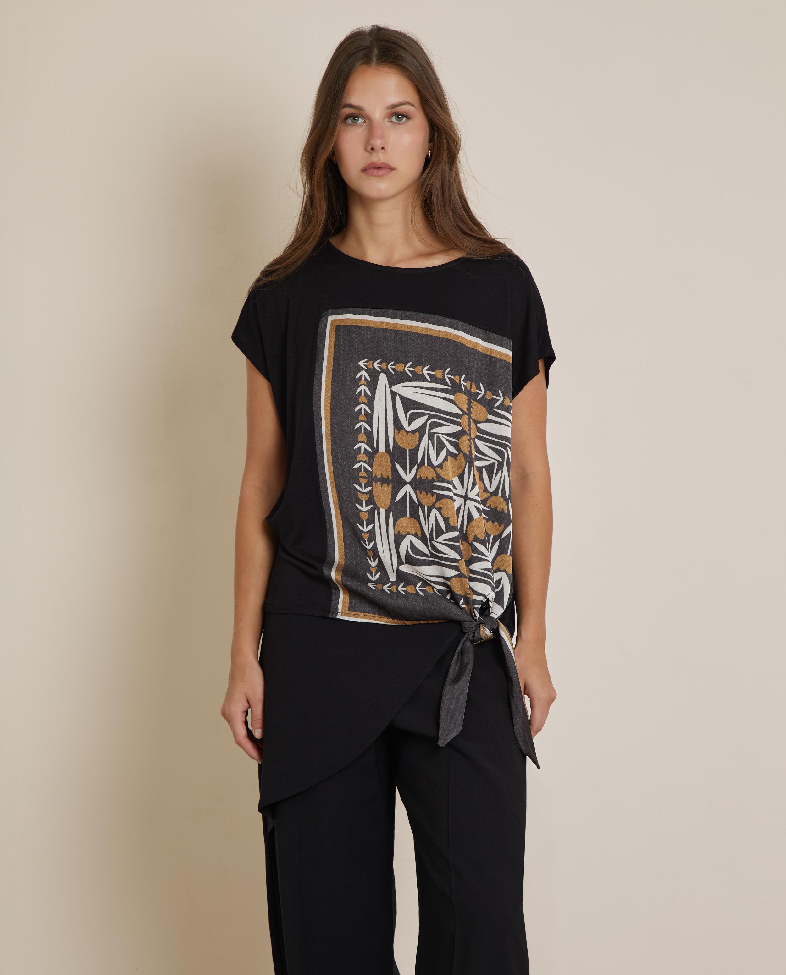 Camiseta de mujer estampada con nudo lateral - Trucco - Negro Negro-1