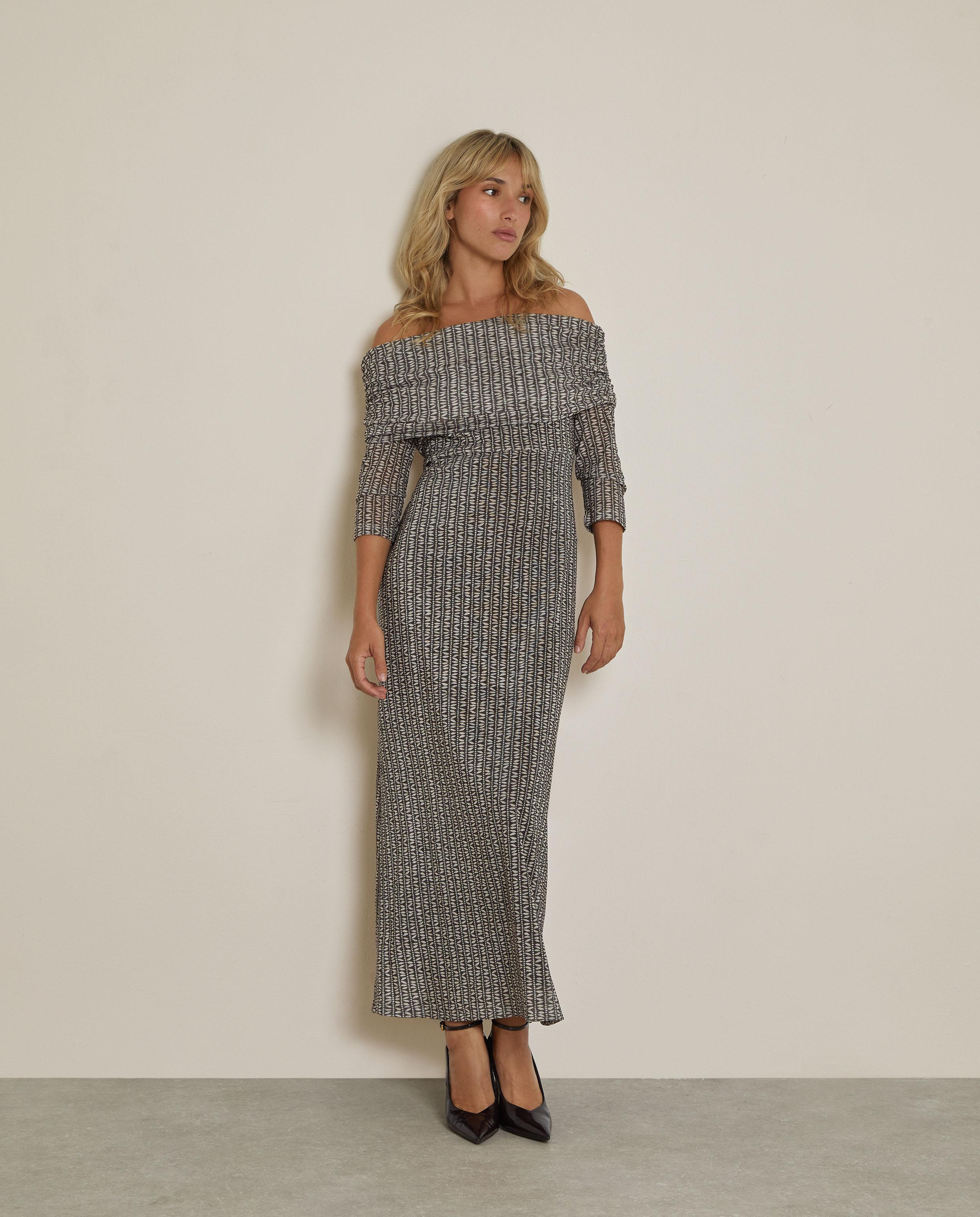 Vestido largo estampado con escote bardot - Trucco - Marrón Marrón-1