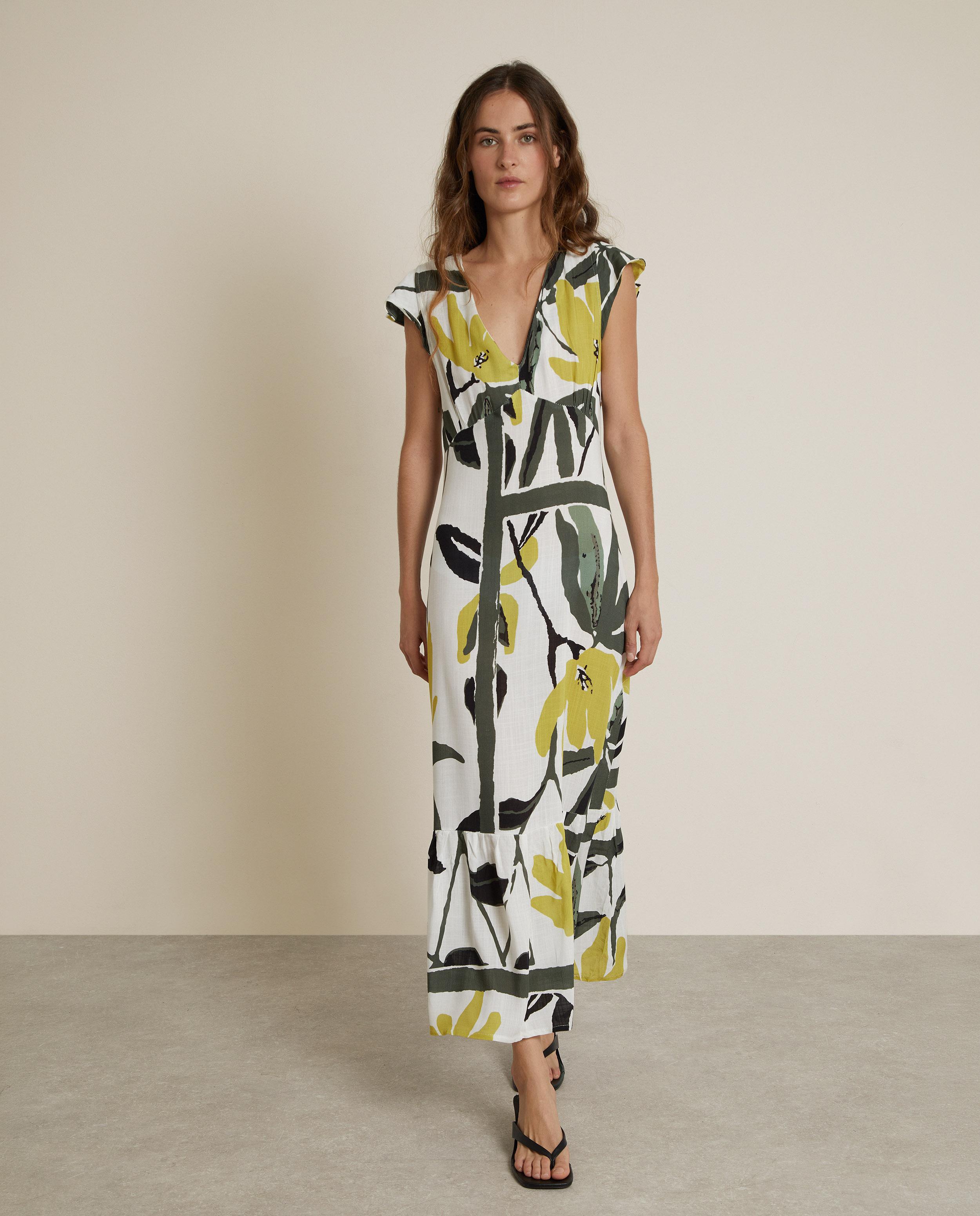Vestido largo estampado con manga volante - Trucco - Blanco / Verde Blanco / Verde-1