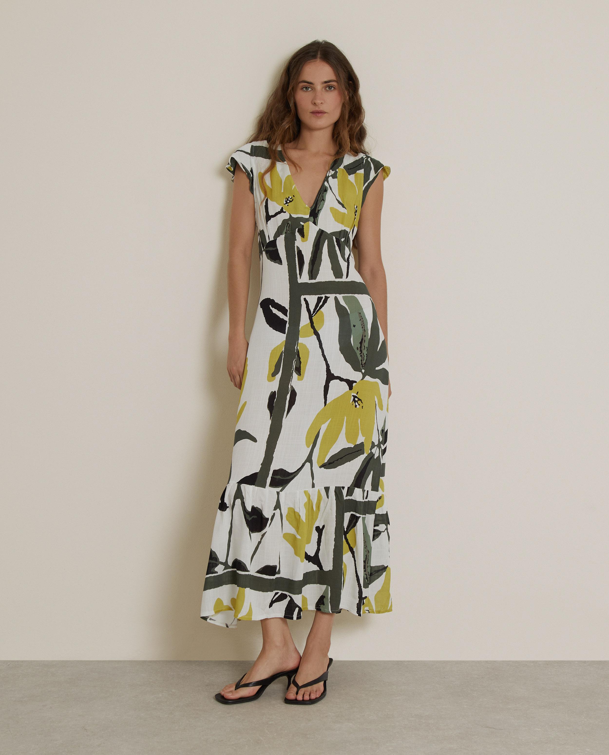 Vestido largo estampado con manga volante - Trucco - Blanco / Verde Blanco / Verde-2