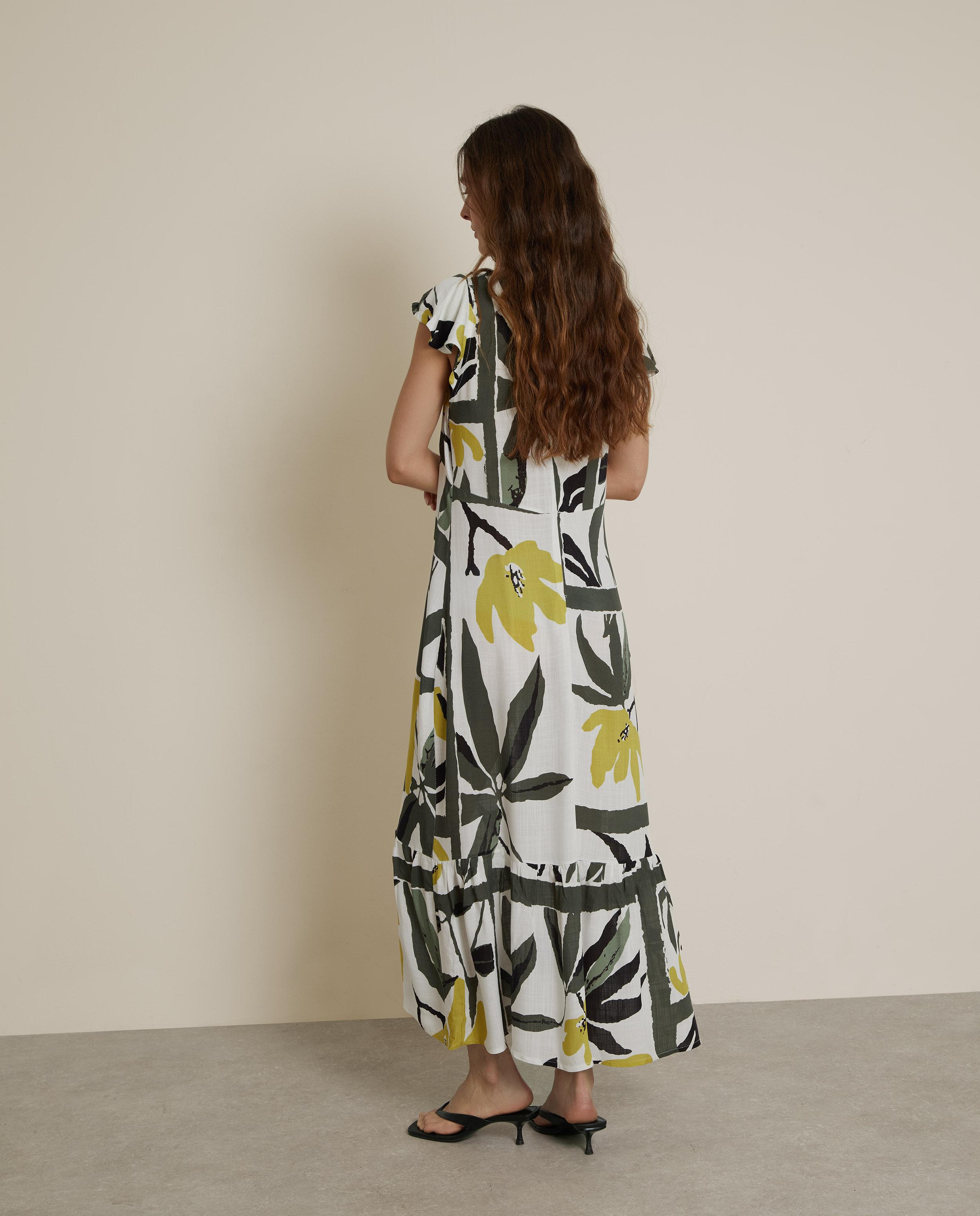 Vestido largo estampado con manga volante - Trucco - Blanco / Verde Blanco / Verde-3