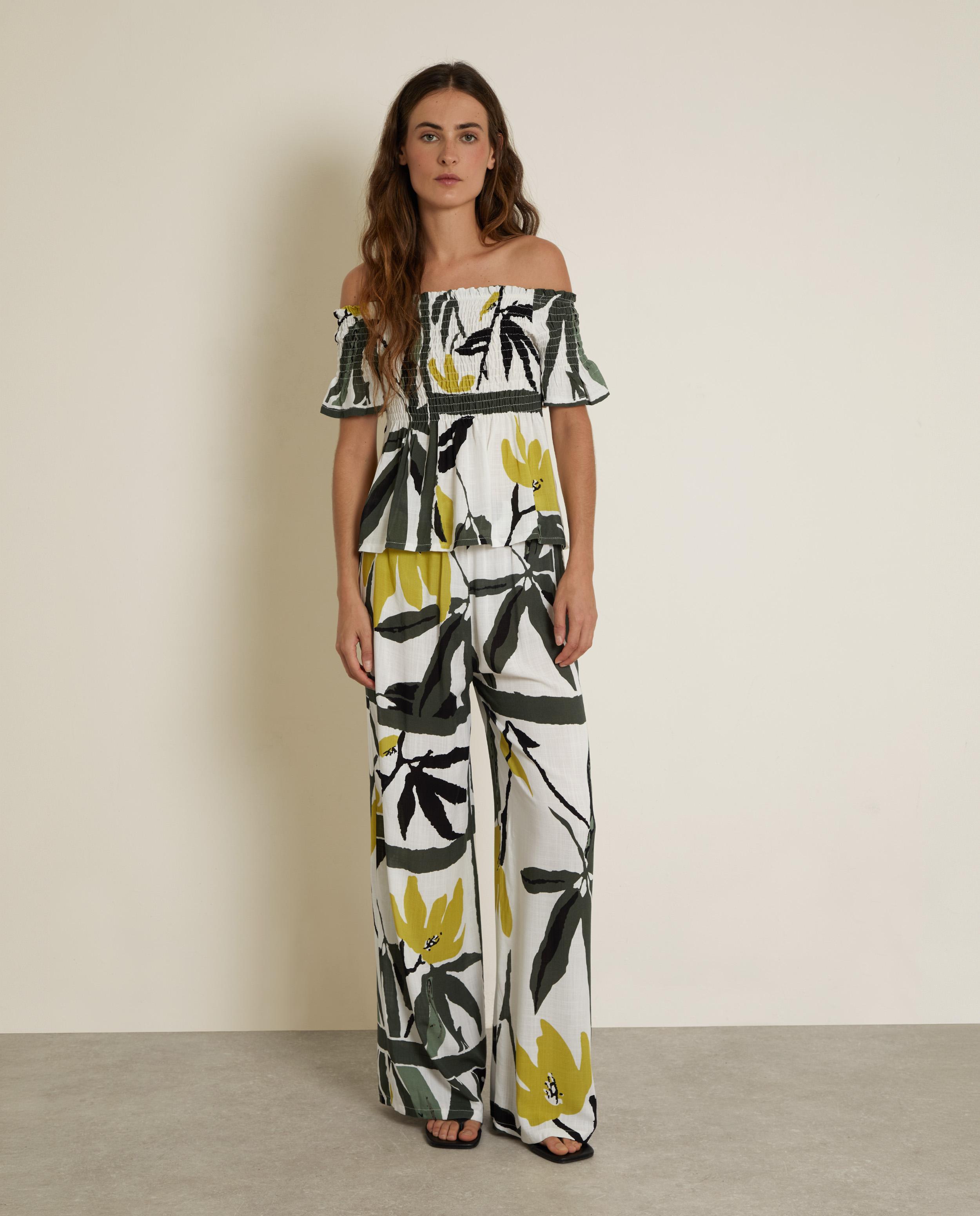 Pantalón ancho de mujer estampado - Trucco - Blanco / Verde Blanco / Verde-1