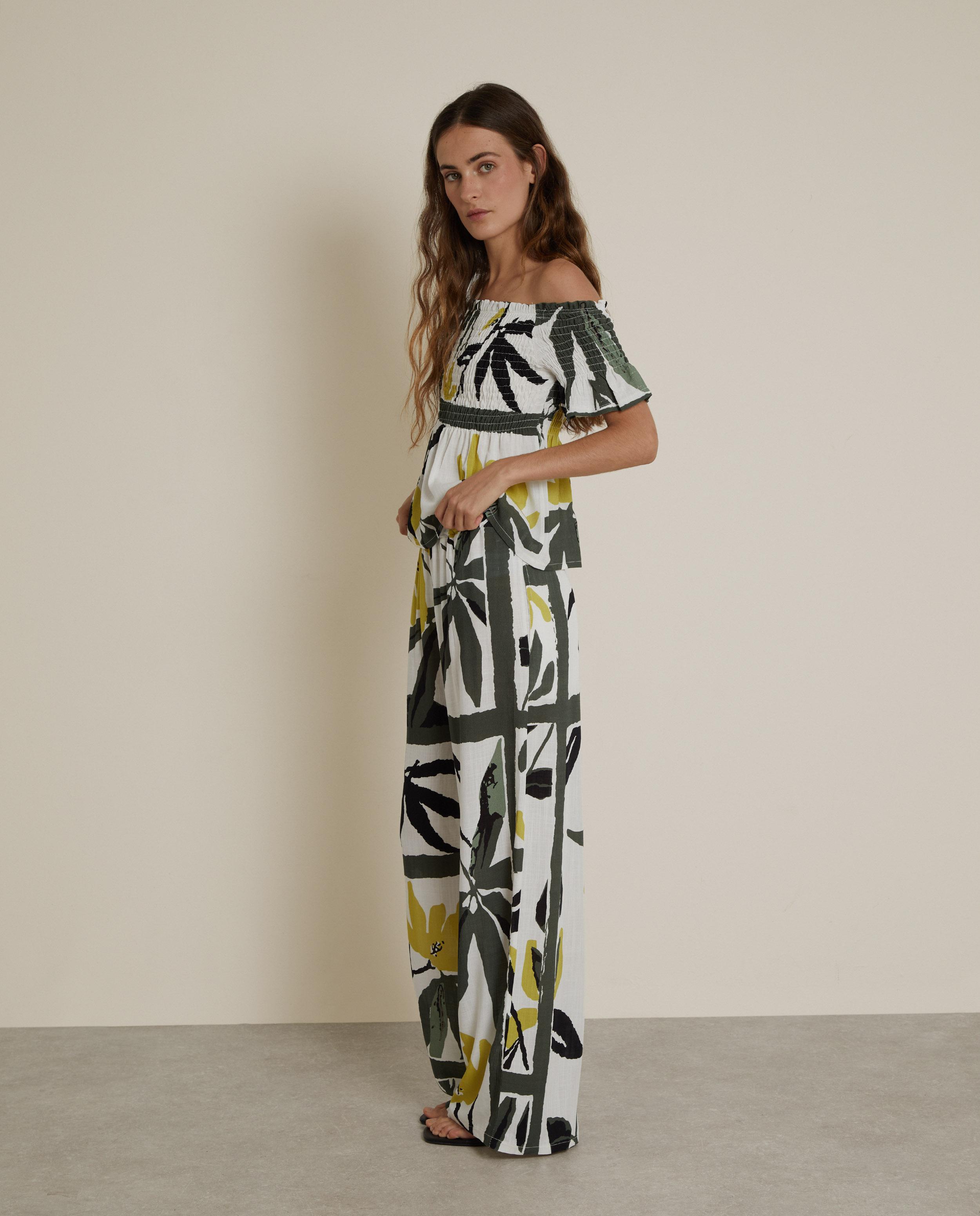 Pantalón ancho de mujer estampado - Trucco - Blanco / Verde Blanco / Verde-2