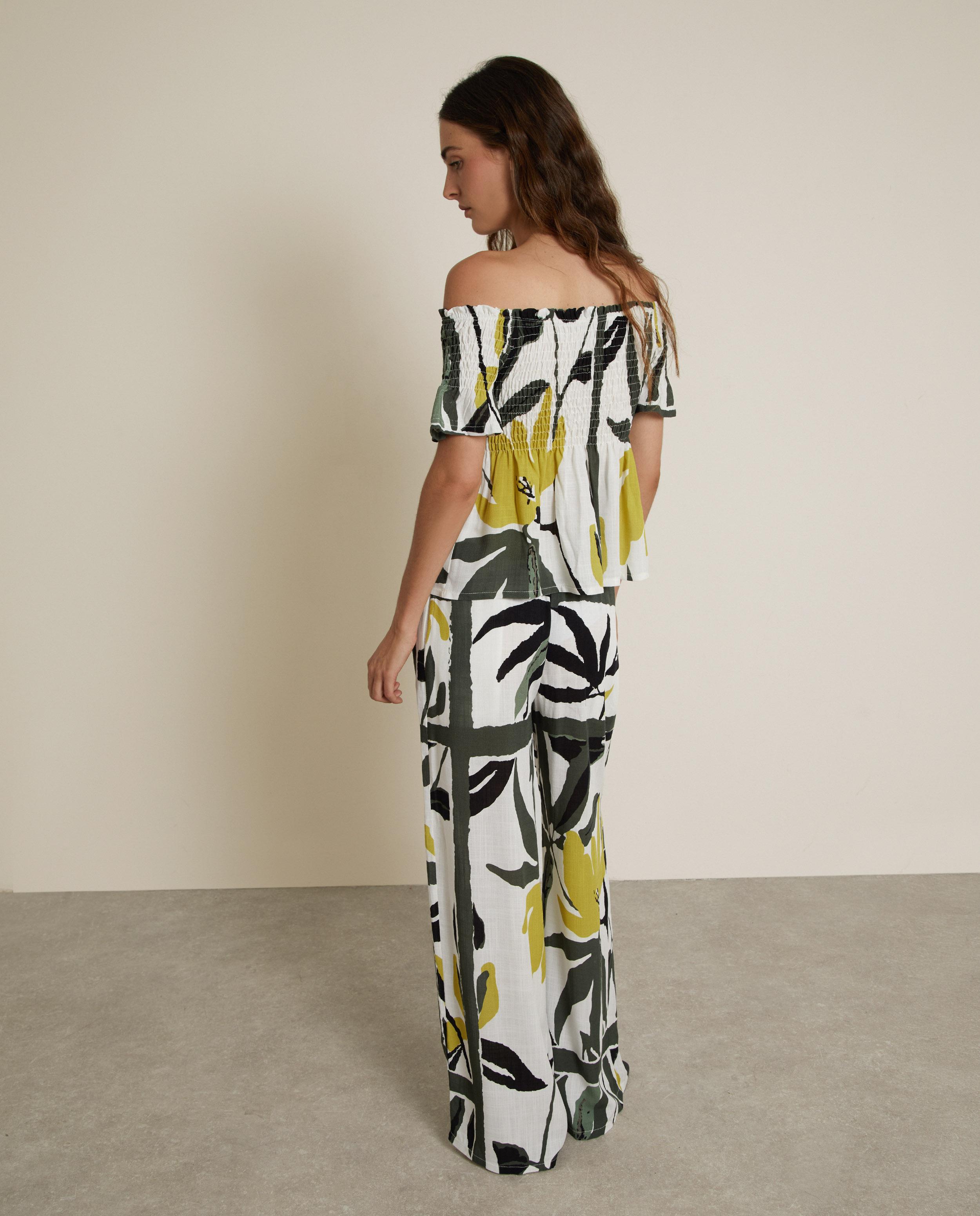Pantalón ancho de mujer estampado - Trucco - Blanco / Verde Blanco / Verde-3