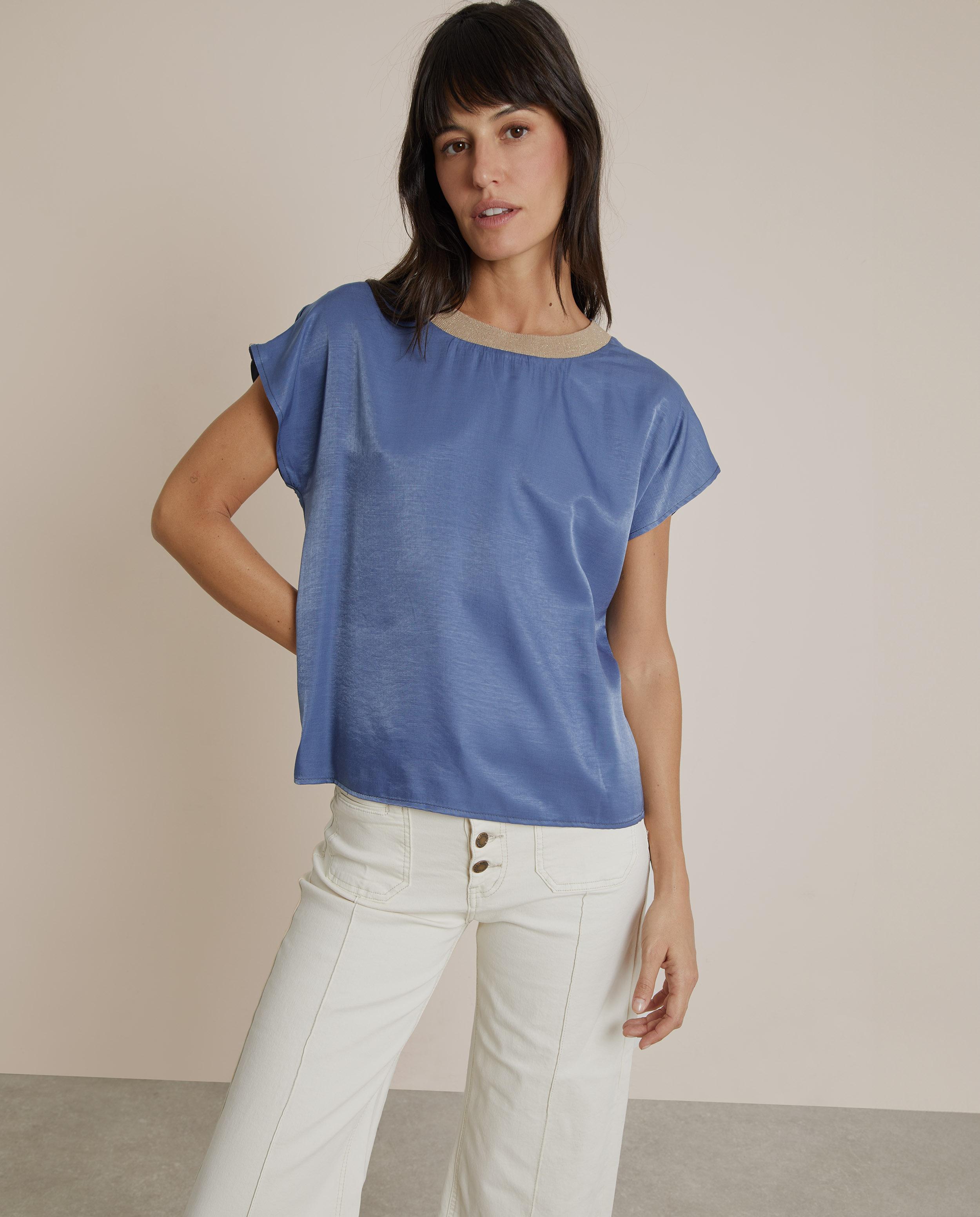 Camiseta de mujer con brillo y cuello en contraste - Trucco - Azul porcelana Azul porcelana-1