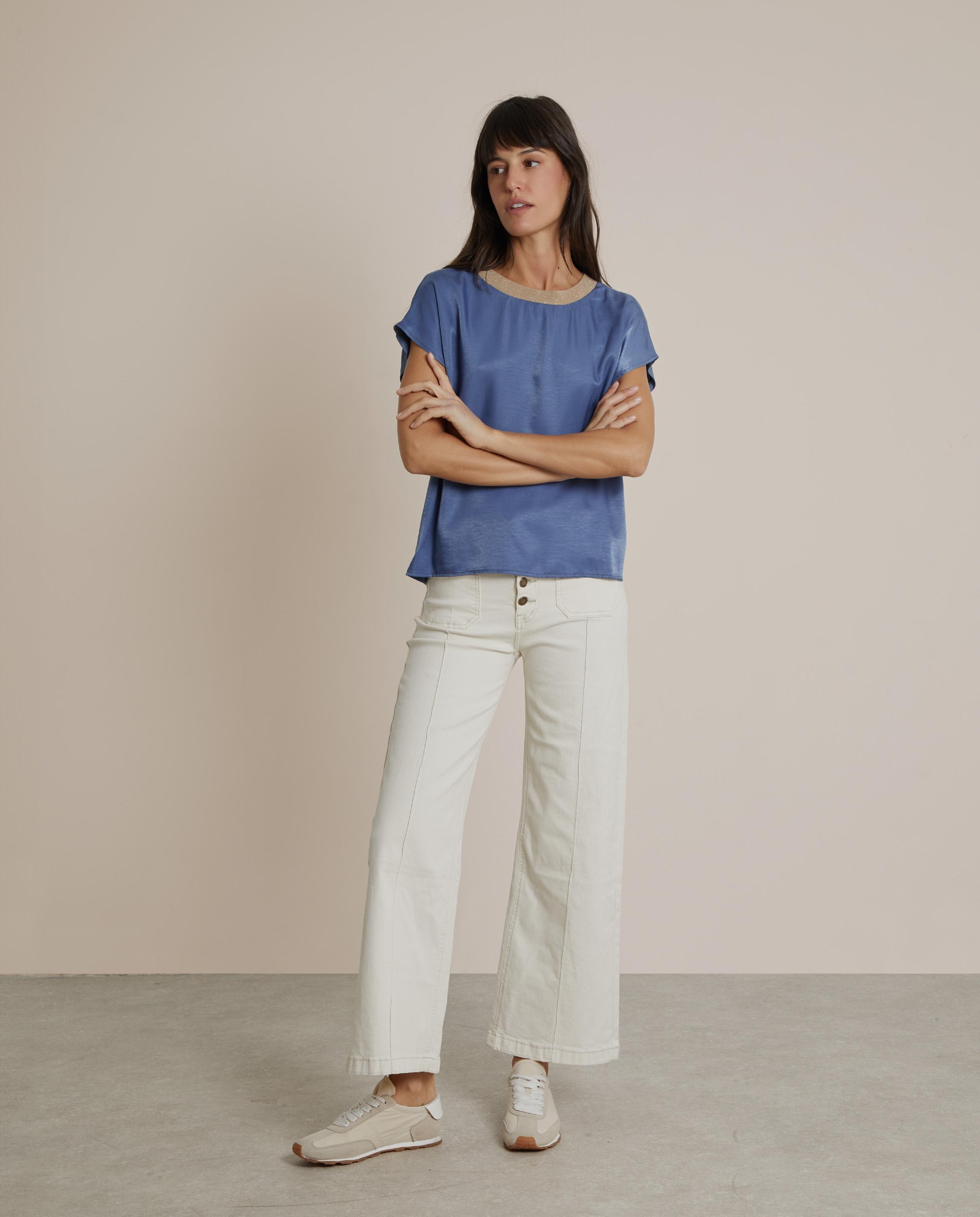 Camiseta de mujer con brillo y cuello en contraste - Trucco - Azul porcelana Azul porcelana-3