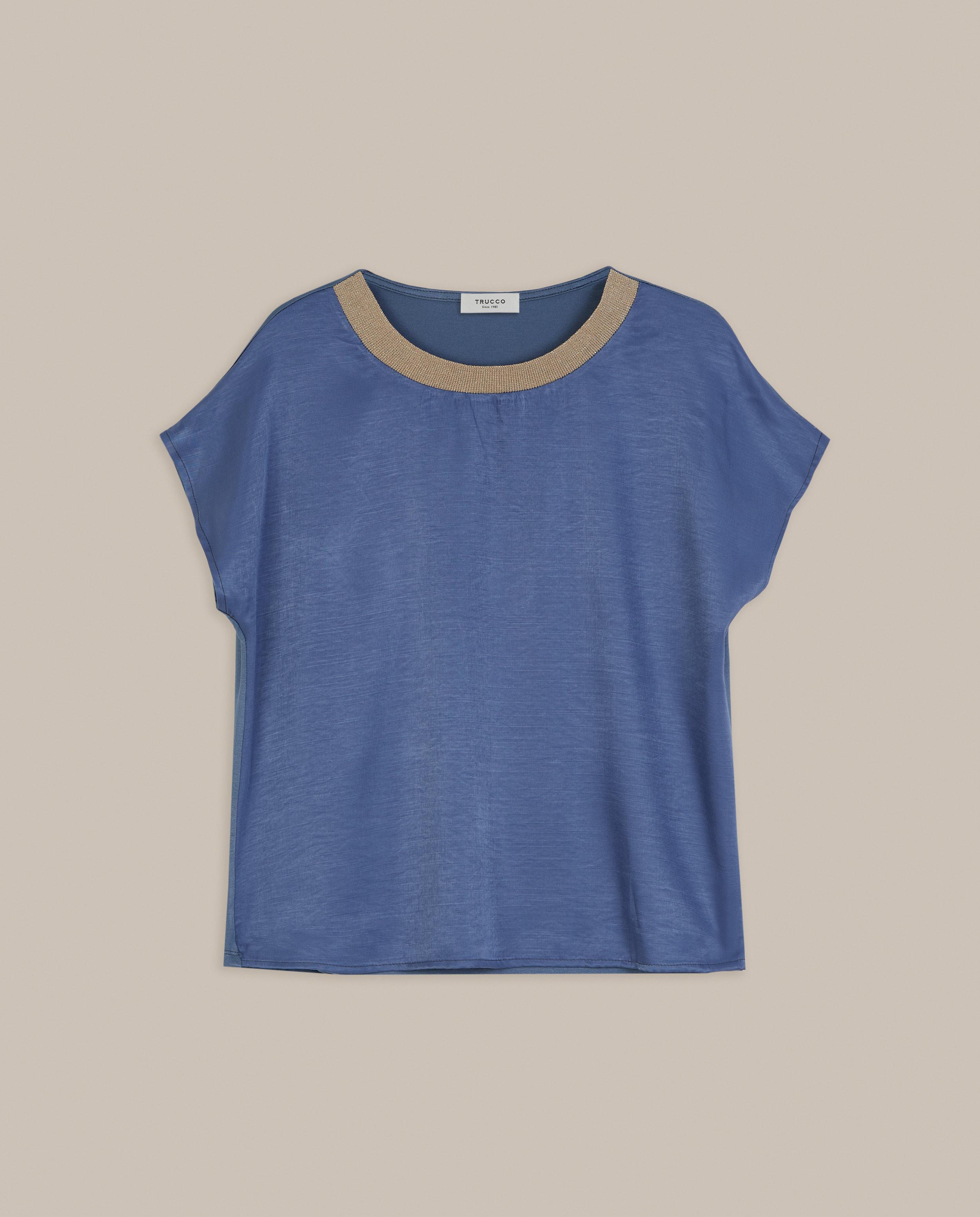 Camiseta de mujer con brillo y cuello en contraste - Trucco - Azul porcelana Azul porcelana-4