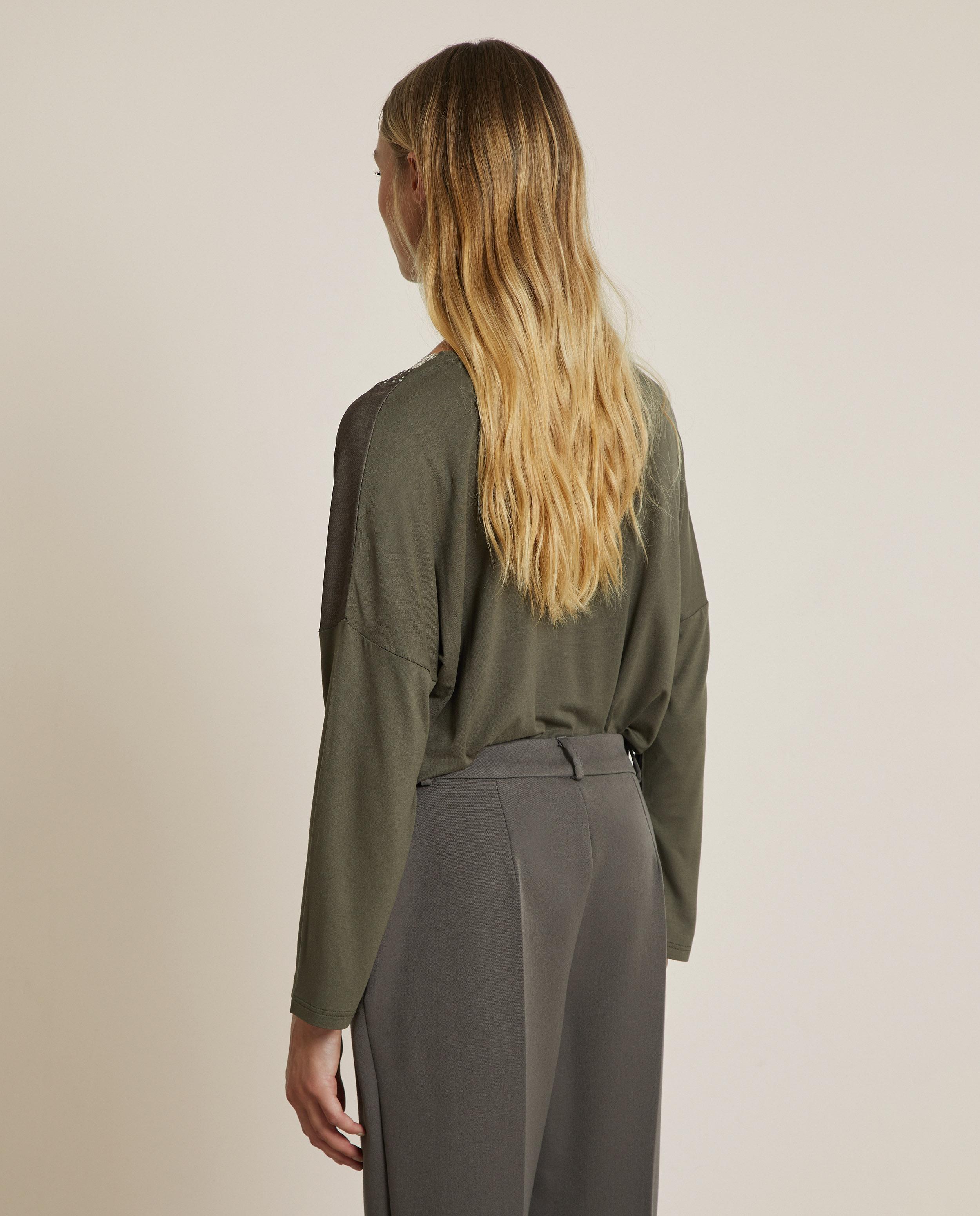 Camiseta de mujer estampada con cuello pico - Trucco - Verde pardo Verde pardo-3