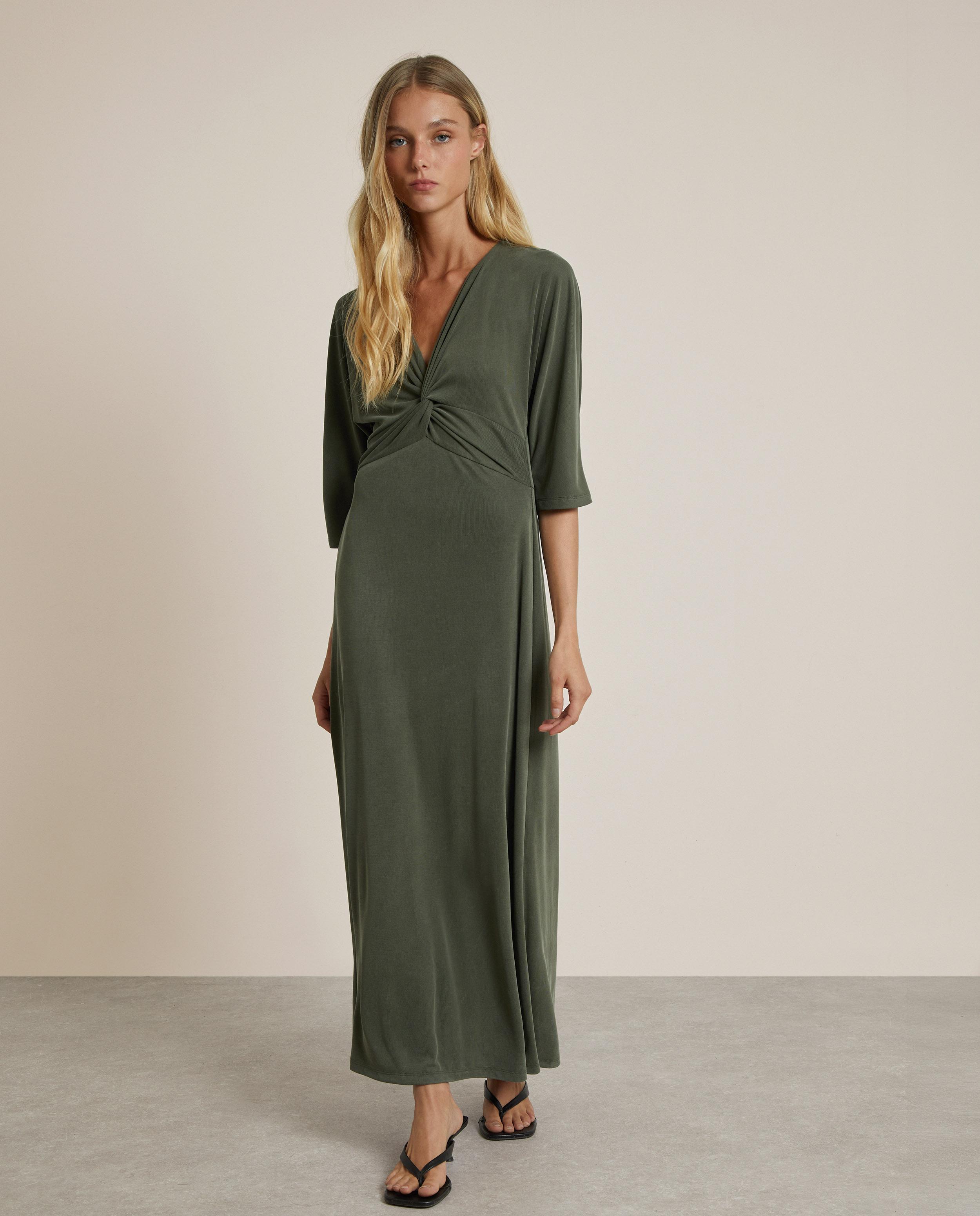 Vestido largo de manga francesa y escote en pico - Trucco - Verde pardo Verde pardo-1
