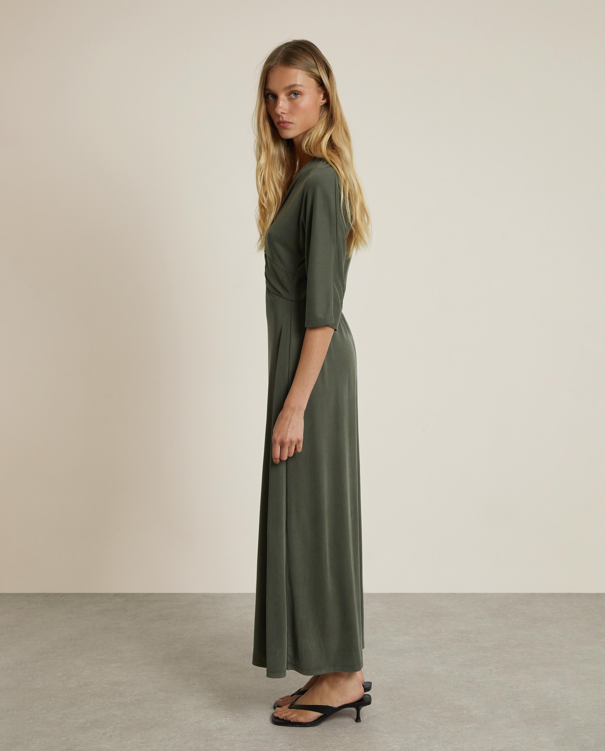 Vestido largo de manga francesa y escote en pico - Trucco - Verde pardo Verde pardo-2