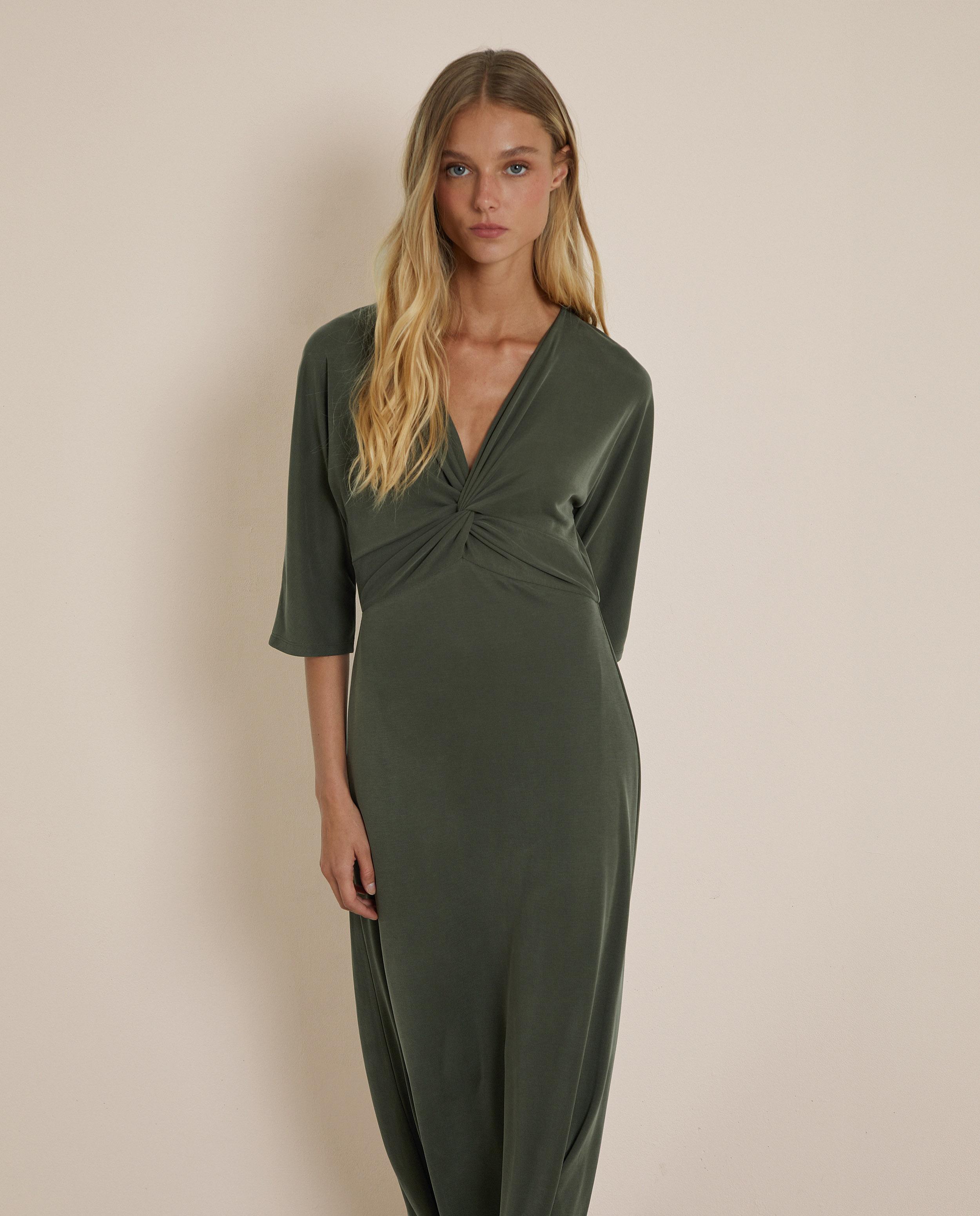 Vestido largo de manga francesa y escote en pico - Trucco - Verde pardo Verde pardo-3