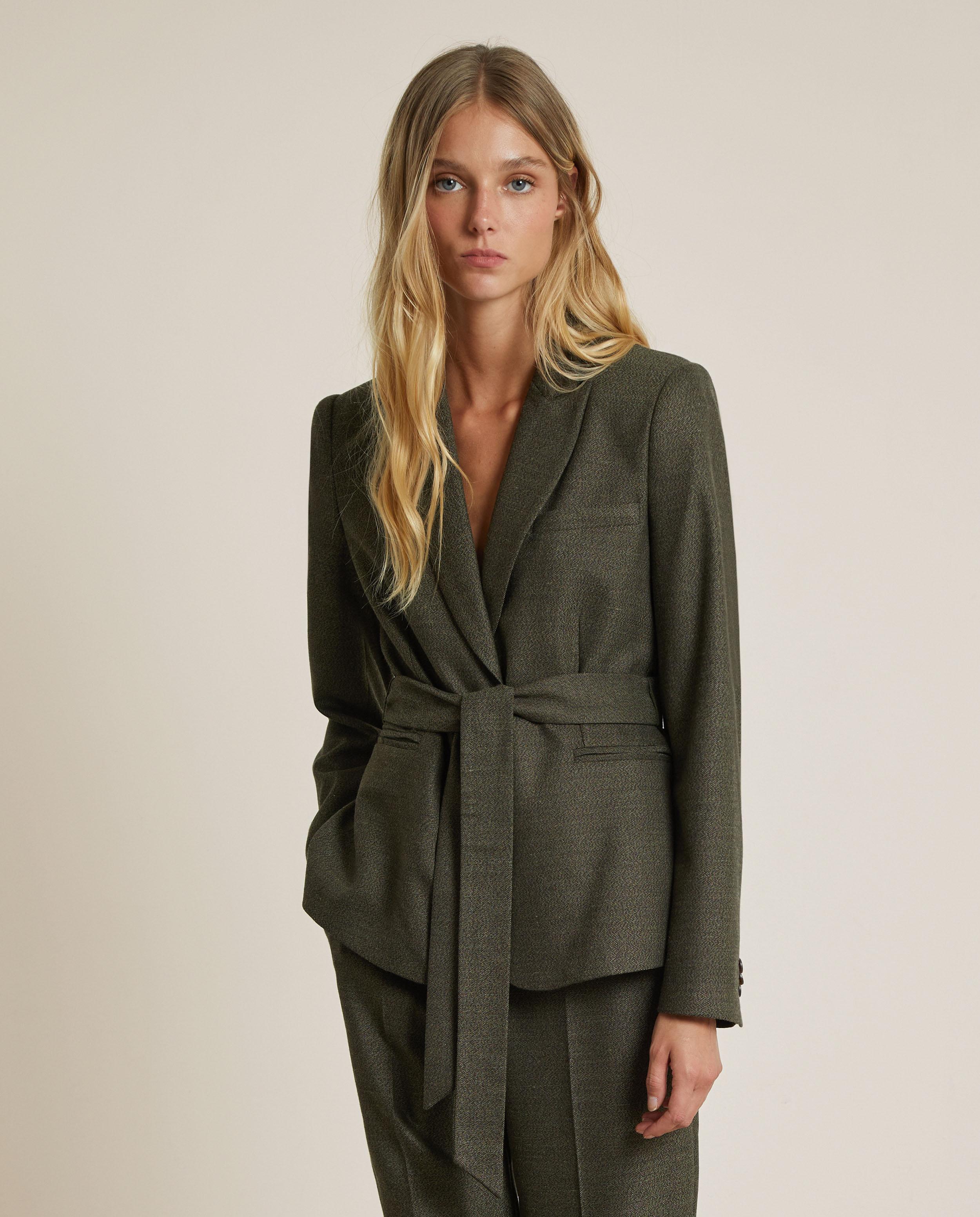 Chaqueta de mujer de traje con cinturón - Trucco - Verde pardo Verde pardo-1