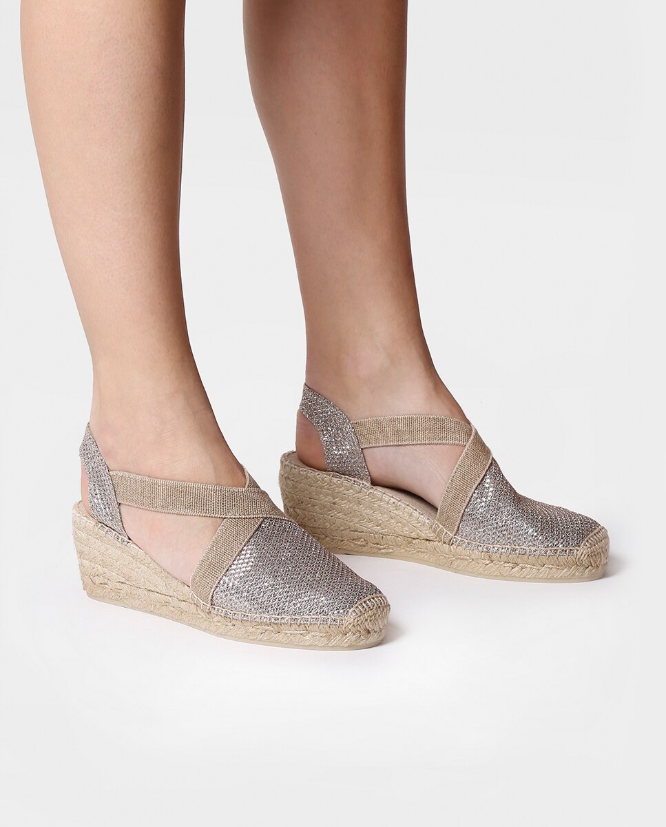 Alpargatas de cuña de mujer de tejido brillante con elásticos - Toni Pons - Oro Oro-4