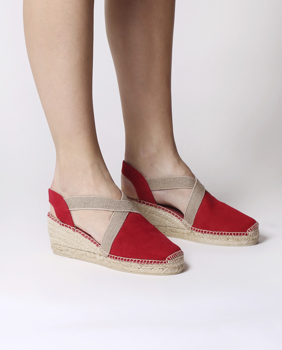 Alpargatas de cuña de mujer de ante con elásticos - Toni Pons - Rojo Rojo-4