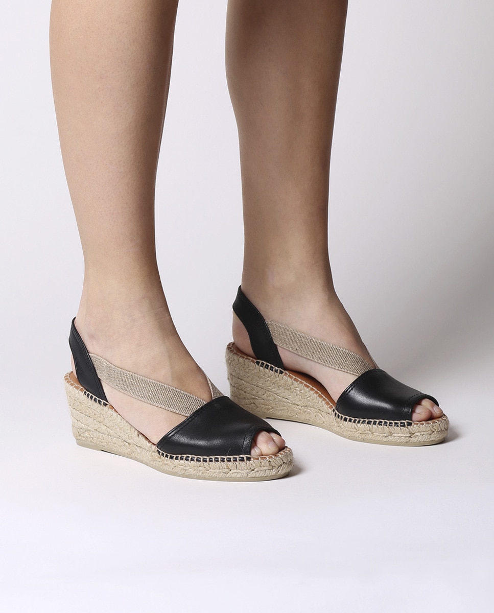 Alpargatas de cuña de mujer de piel con elásticos - Toni Pons - Negro Negro-4