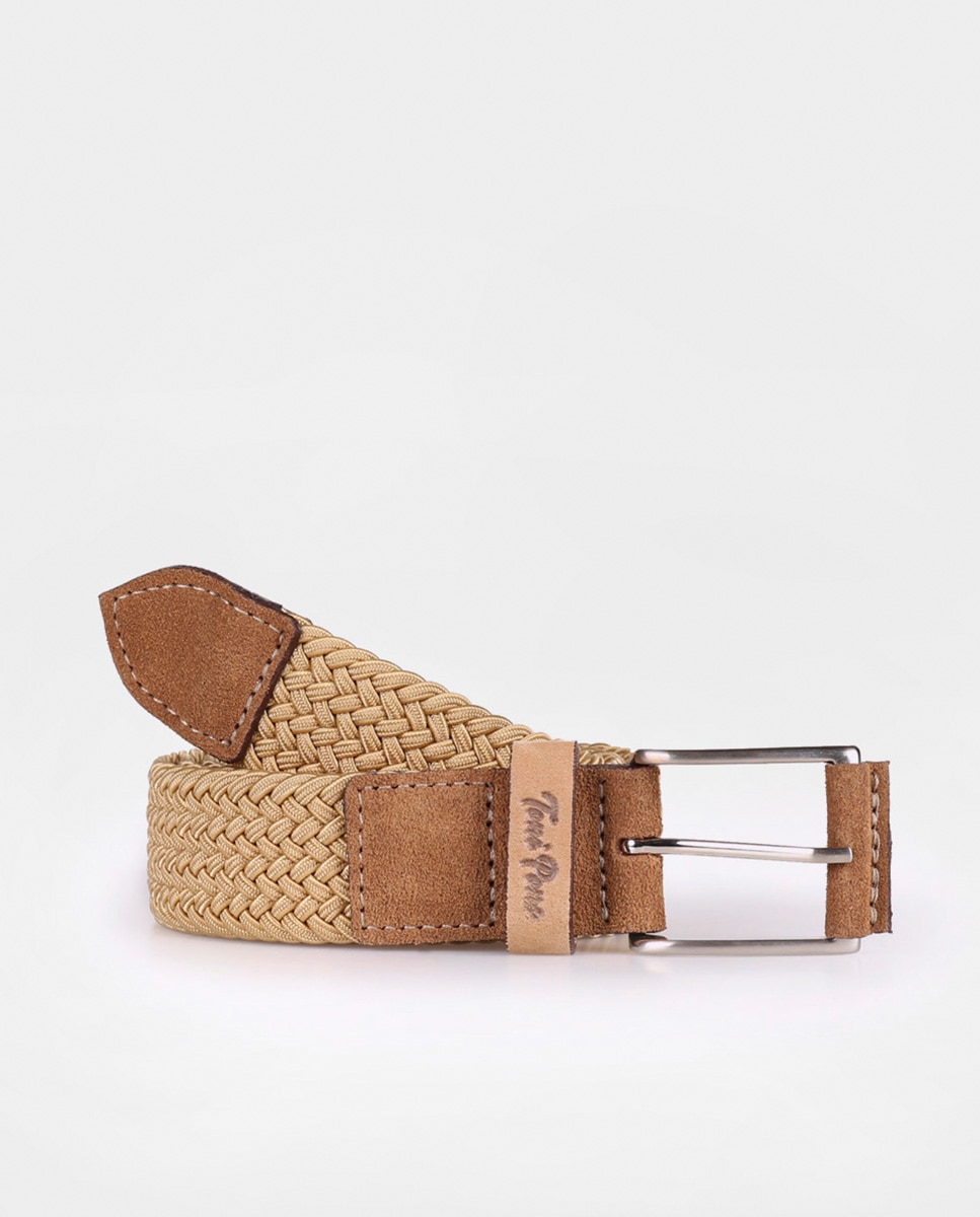 Imagen 1 de Cinturón de hombre de piel y fibras elásticas Beige/Marrón