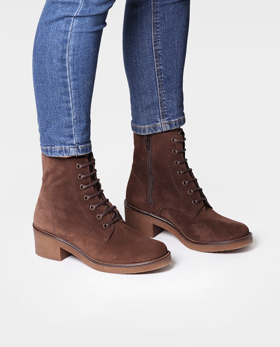 Botines de mujer de serraje con cordones y cremallera - Toni Pons - Marrón Marrón-4