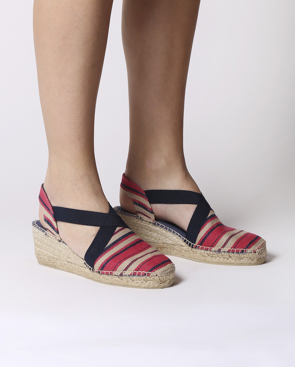 Alpargatas de cuña de mujer de tejido a rayas con elásticos - Toni Pons - Rojo Rojo-4