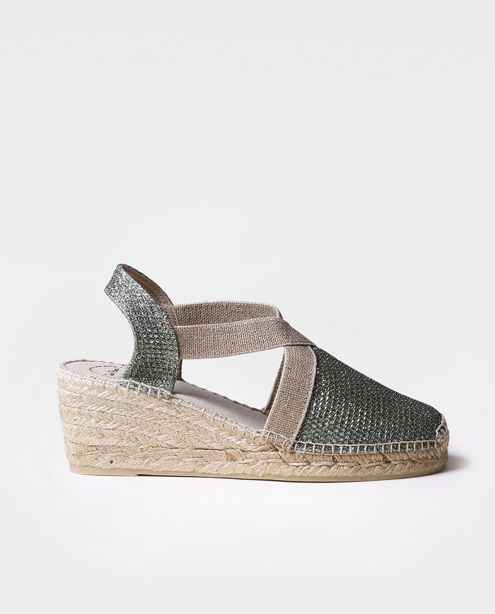 Alpargatas de cuña de mujer de tejido brillante con elásticos - Toni Pons - Kaki Kaki-1