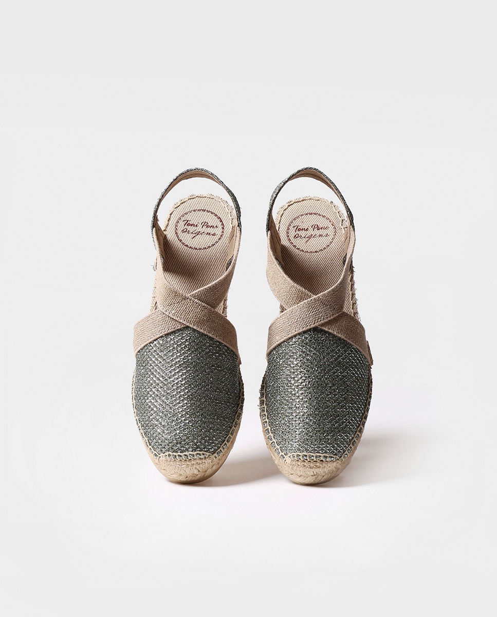 Alpargatas de cuña de mujer de tejido brillante con elásticos - Toni Pons - Kaki Kaki-3